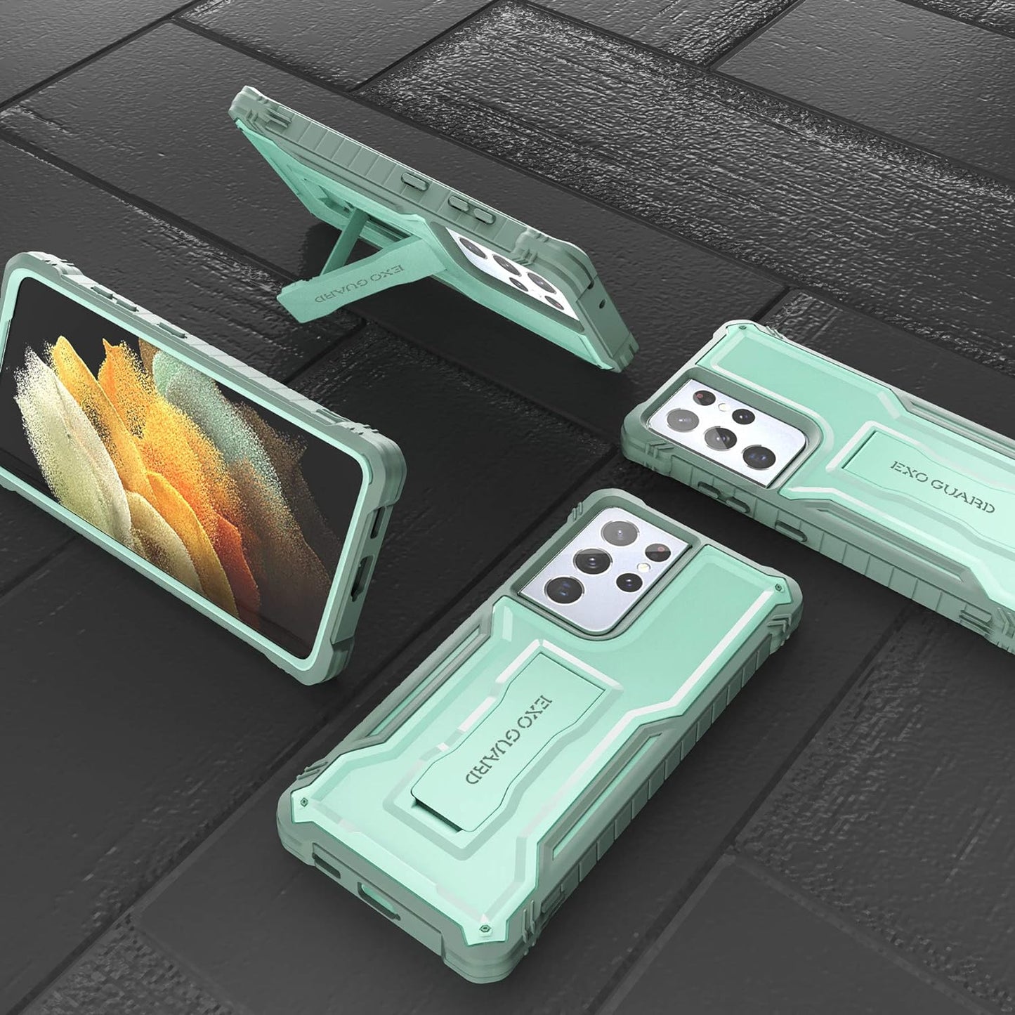 Exoguard Samsung Galaxy S21 Ultra 5G Case, Rubber Shockproof Full Body Cover Case for Samsung S21 Ultra 5G Phone 6.8 Inch, Built-In Kickstand (Green)  ExoGuard   