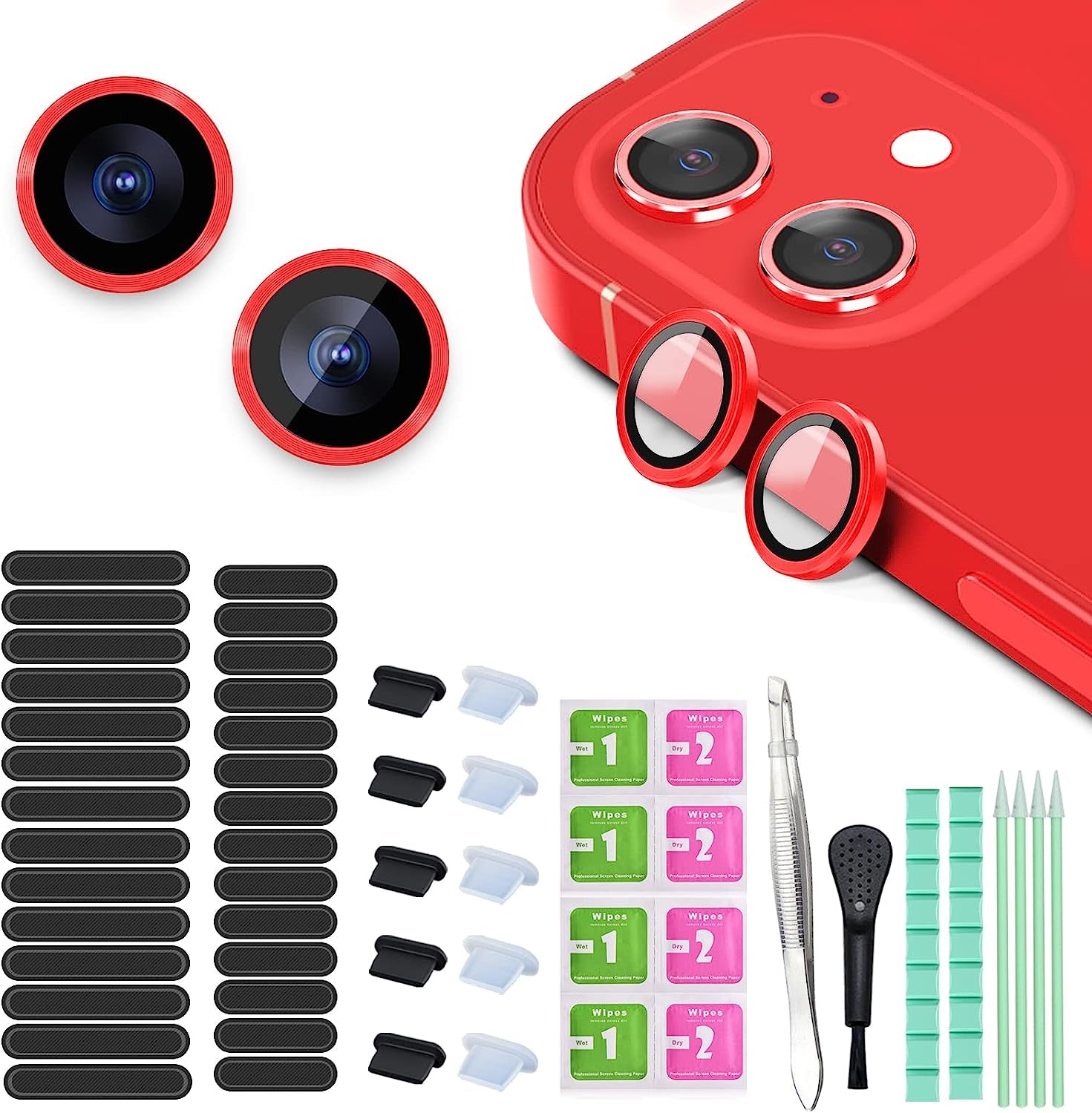 16 PCS Iphone Metal Speaker Dust Cover (8PCS Black and 8PCS Silver) 2PCS Iphone Metal Dust Plug 10PCS Silicone Dust Plugs,With Cleaning Tools Compatible Iphone 12/13 /14 Pro/Pro Max/Iphone Series  Pohgelan Red iphone 11/12/12mini 