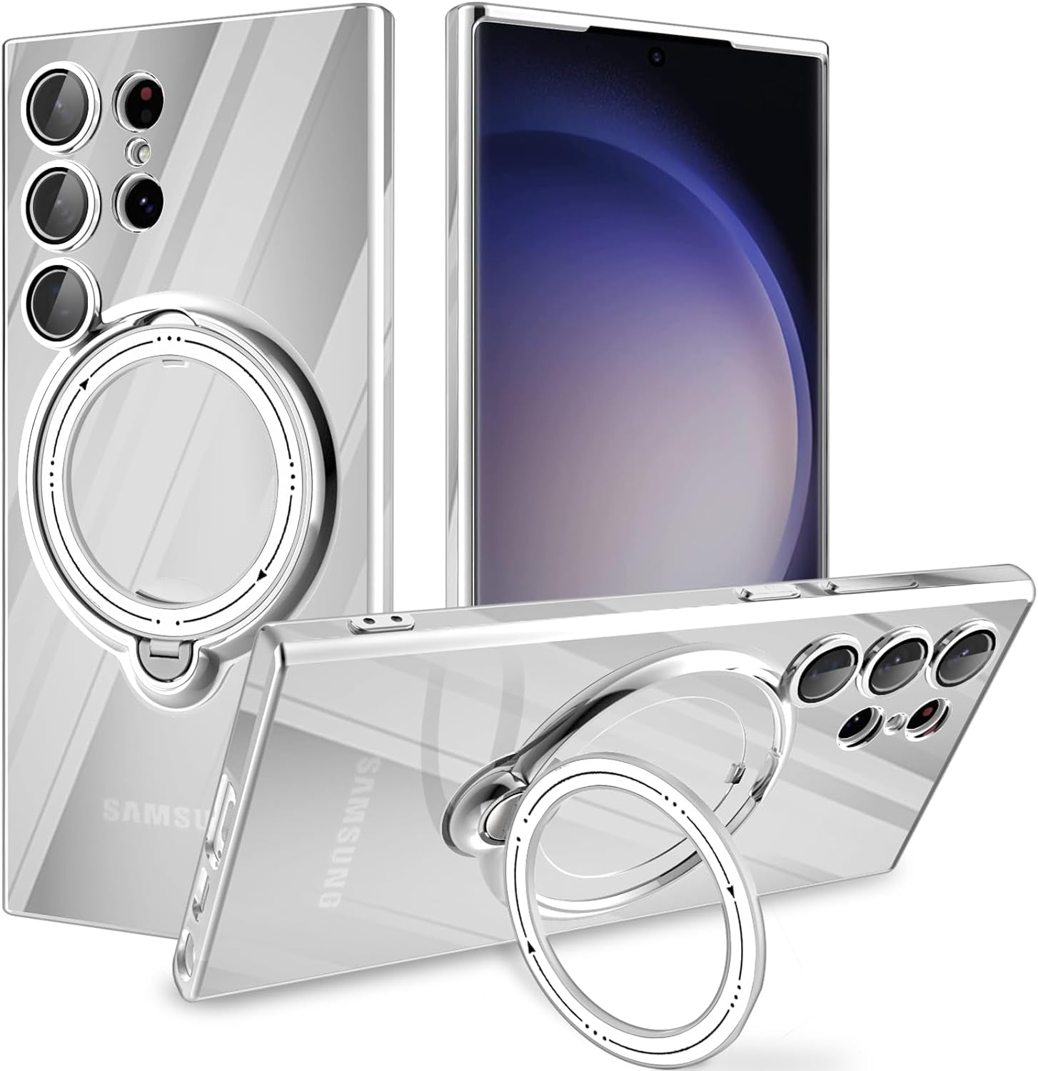 Tnarru Clear Samsung Galaxy S22 Ultra Case with Magnetic Stand [Compatible with Magsafe] [360° Rotatable Ring Holder Kickstand] Plating TPU Shockproof Protective Galaxy S22 Ultra Phone Case - Purple  Tnarru Silver  