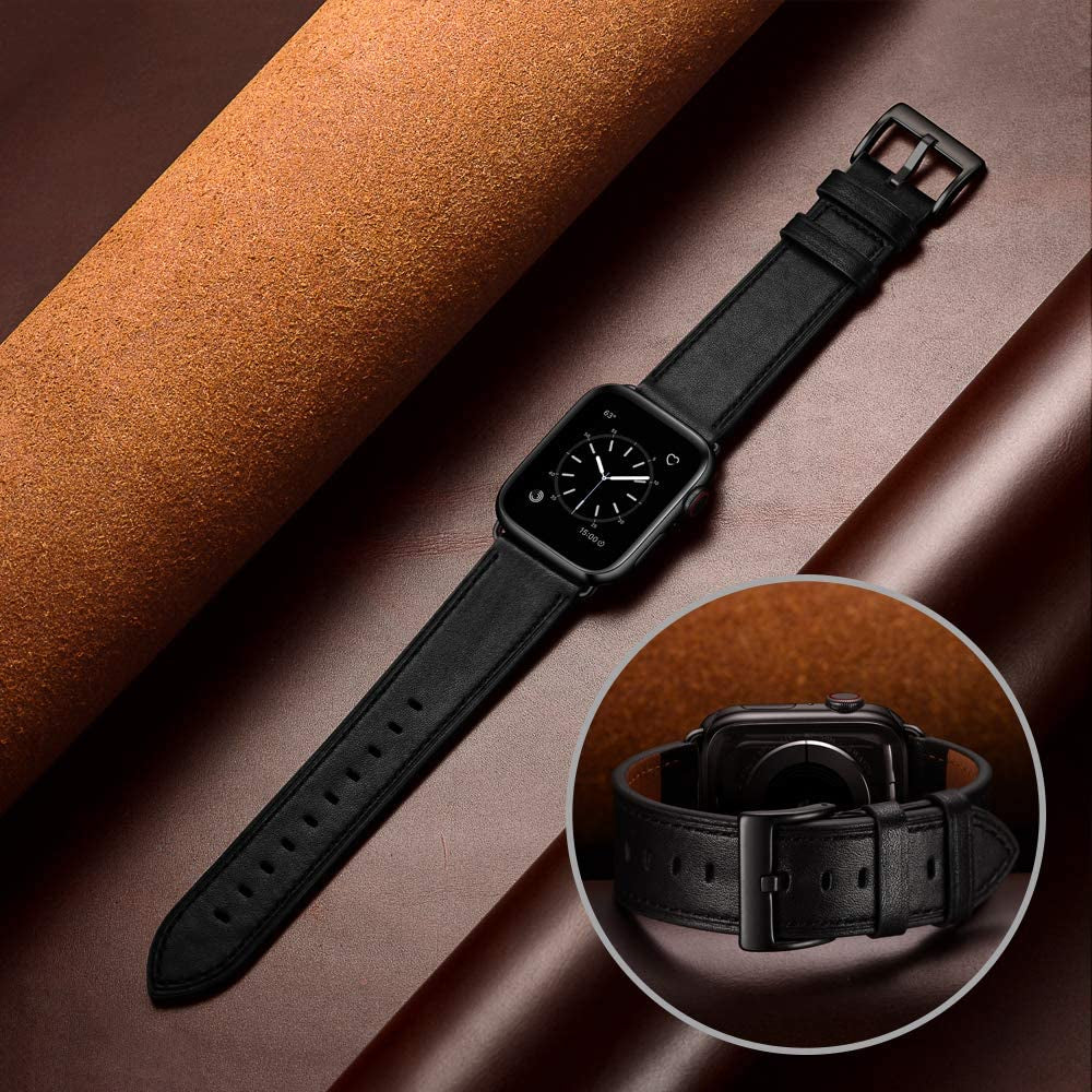 OUHENG Compatible with Apple Watch Band 49Mm 45Mm 44Mm 42Mm, Genuine Leather Band Replacement Strap Compatible with Apple Watch Ultra Series 8/7/6/5/4/3/2/1/SE/SE2, Black Band with Black Adapter  OUHENG   