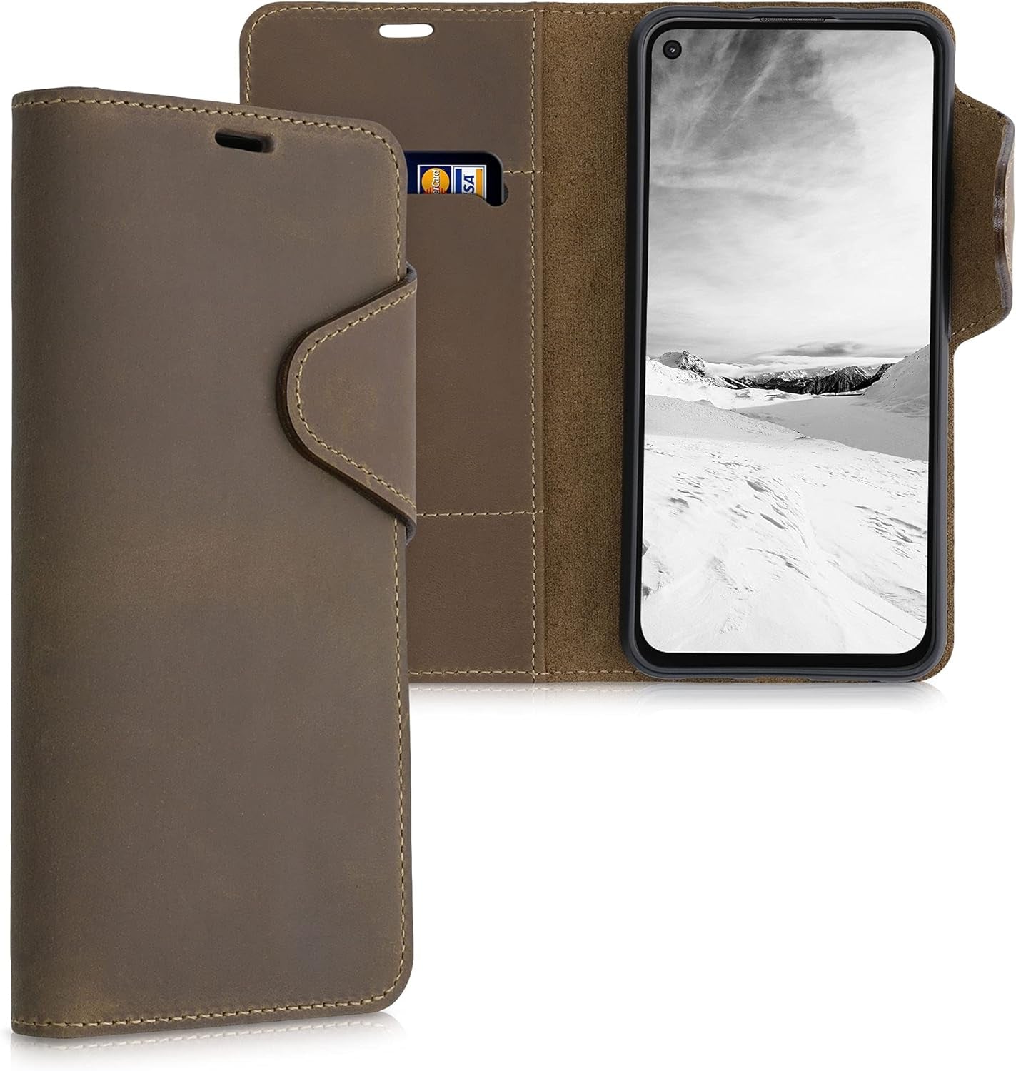 Kalibri Case Compatible with Google Pixel 4A 5G - Case Real Leather Protective Wallet Cover with Card Slot - Brown  kalibri   