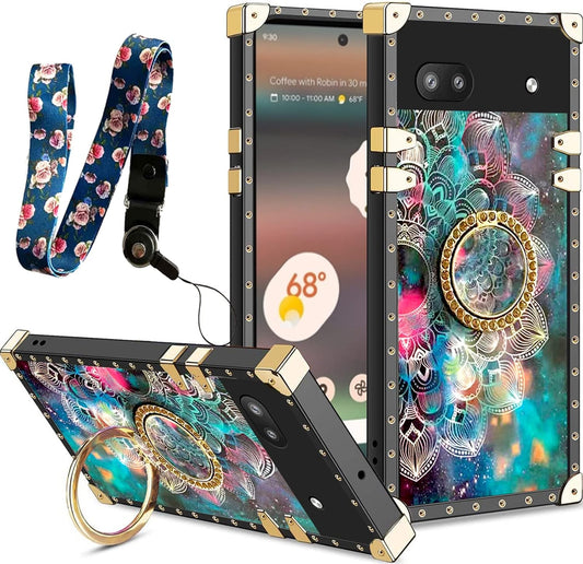 Nancheng Case for Google Pixel 6A (Not Pixel 6/6 Pro) Square Back Cover Design Colorful Petal Stars Sky with Diamond Holder Ring Strap Lanyard Shockproof Protective Phone Case for Pixel 6A - Flowers  nancheng   