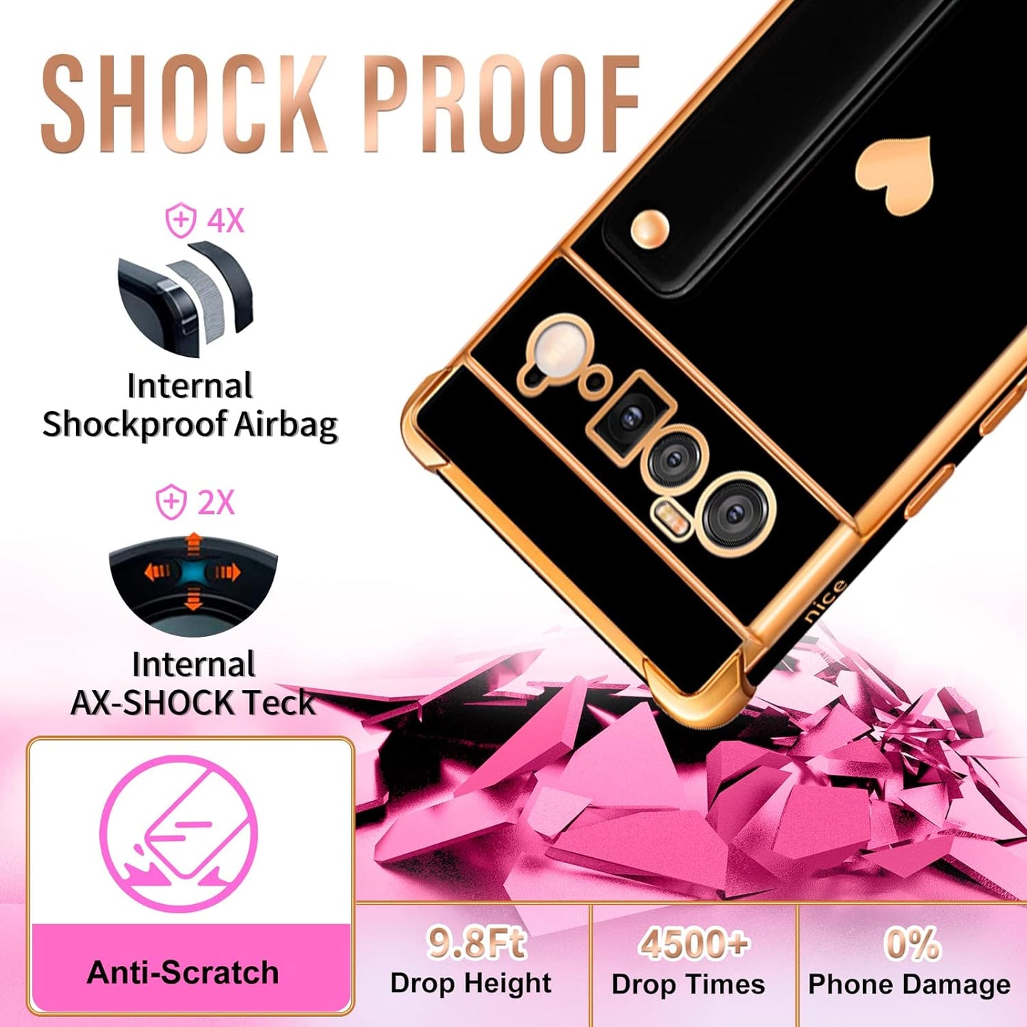 Likiyami (3In1 for Google Pixel 6 Pro Case 5G Heart for Women Girls Girly Cute Luxury Pretty with Stand Phone Cases Black and Gold Love Hearts Aesthetic Cover+Screen+Chain for Google Pixel 6 Pro 6.7"  Likiyami   