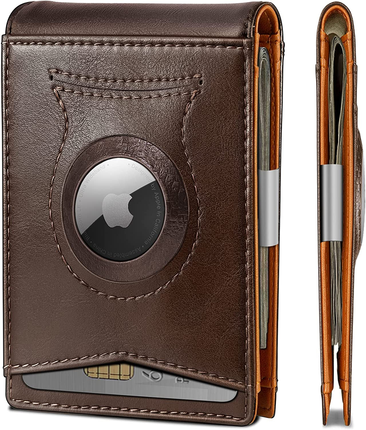 KEMISANT Mens Wallet for Airtag or Standard Use, Slim Front Pocket Wallet 11 Cards RFID Blocking,No Hole  KEMISANT Sauce Coffee2848 Airtag Wallet 