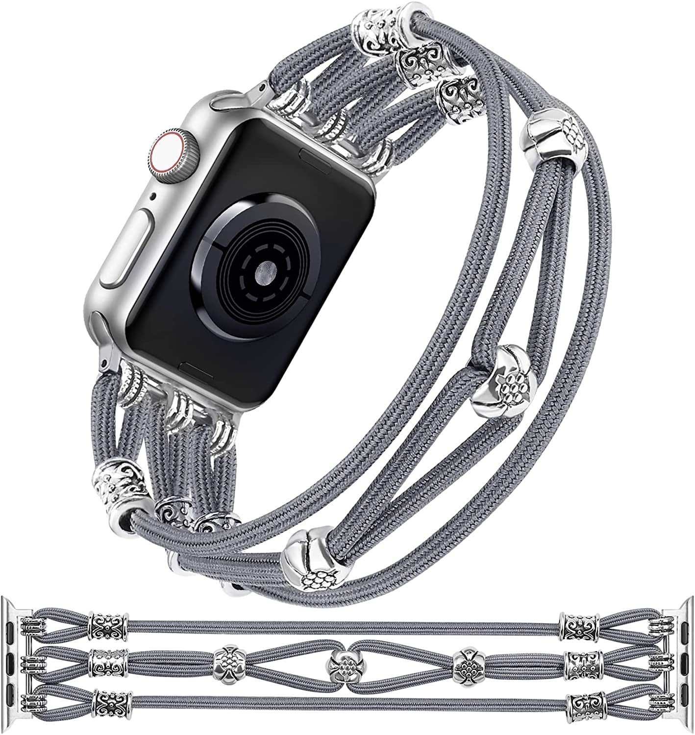 TOYOUTHS Beaded Bracelet Compatible with Apple Watch Band 38Mm 40Mm 41Mm Women, Premium Braided Nylon Elastic Stretchy Boho Cute Fancy Charms Solo Loop Strap for Iwatch Series 8/SE/7/6/5/4/3/2/1, M  TOYOUTHS Grey 38mm/40mm/41mm M 
