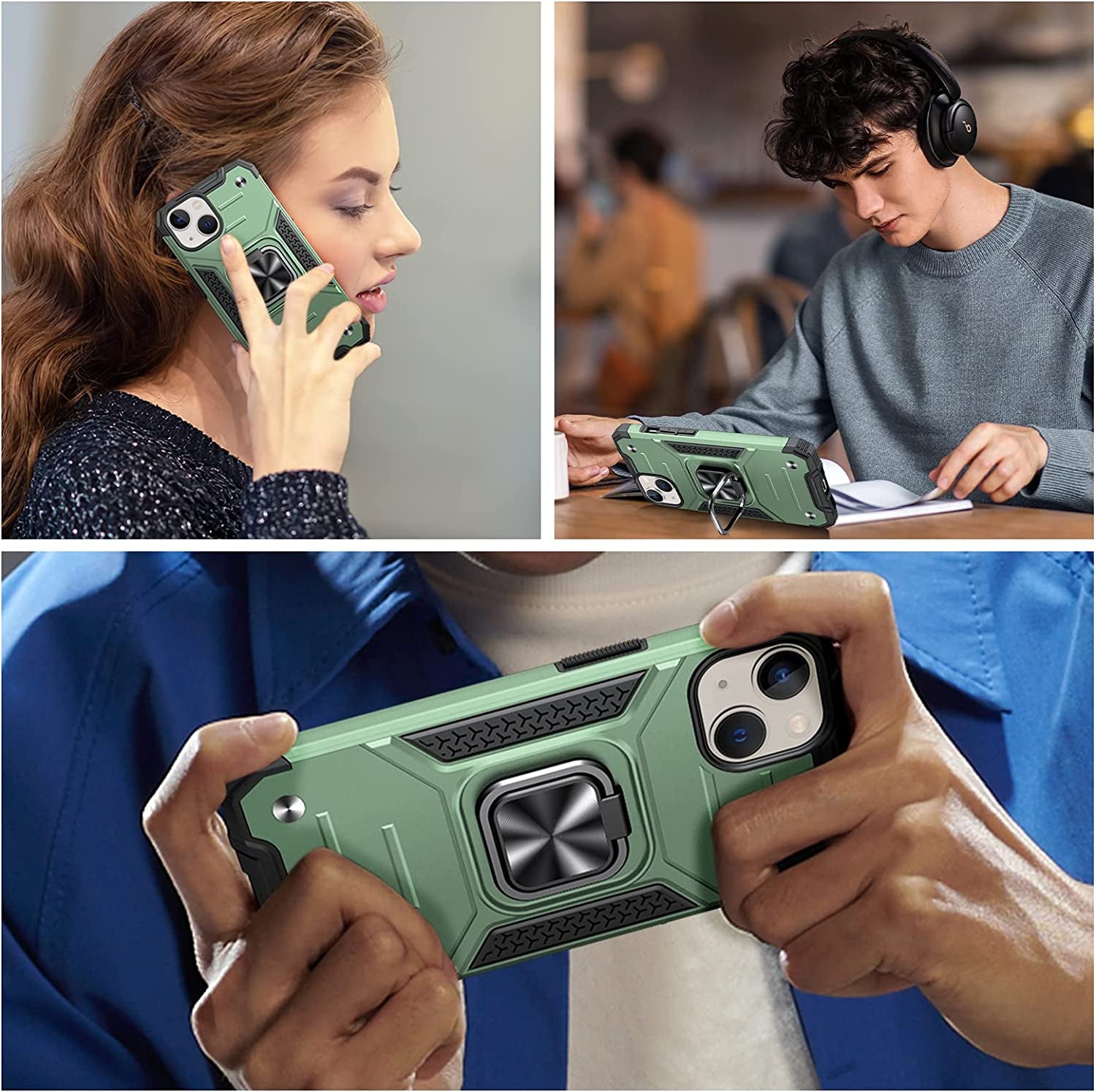 JAME for Iphone 14 Case with Screen Protector [2 PCS], Shockproof Bumper Case for Iphone 14 Case for Women & Men, Heavy-Duty Protection with Metal Ring Kickstand Case for Iphone 14, Alpine Green  XJXIN   