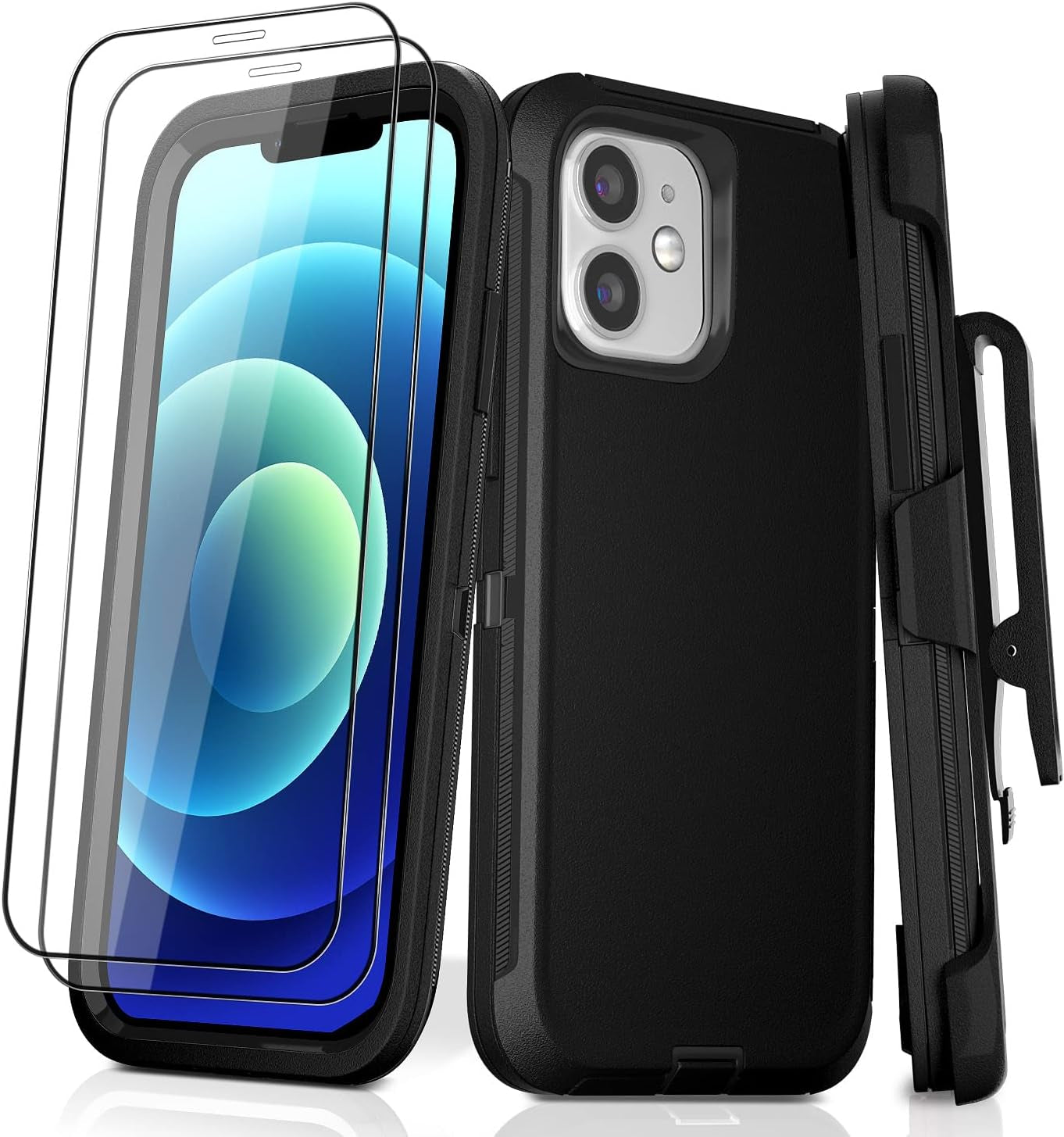 DHCALL for Iphone 12 Case & Iphone 12 Pro Case (6.1"), with 2 Tempered Glass Screen Protector,Belt Clip Holster, [Full Body Drop Protection] Shockproof Tough Durable 6.1 Inch（Black Green+Clip）  DHCALL   