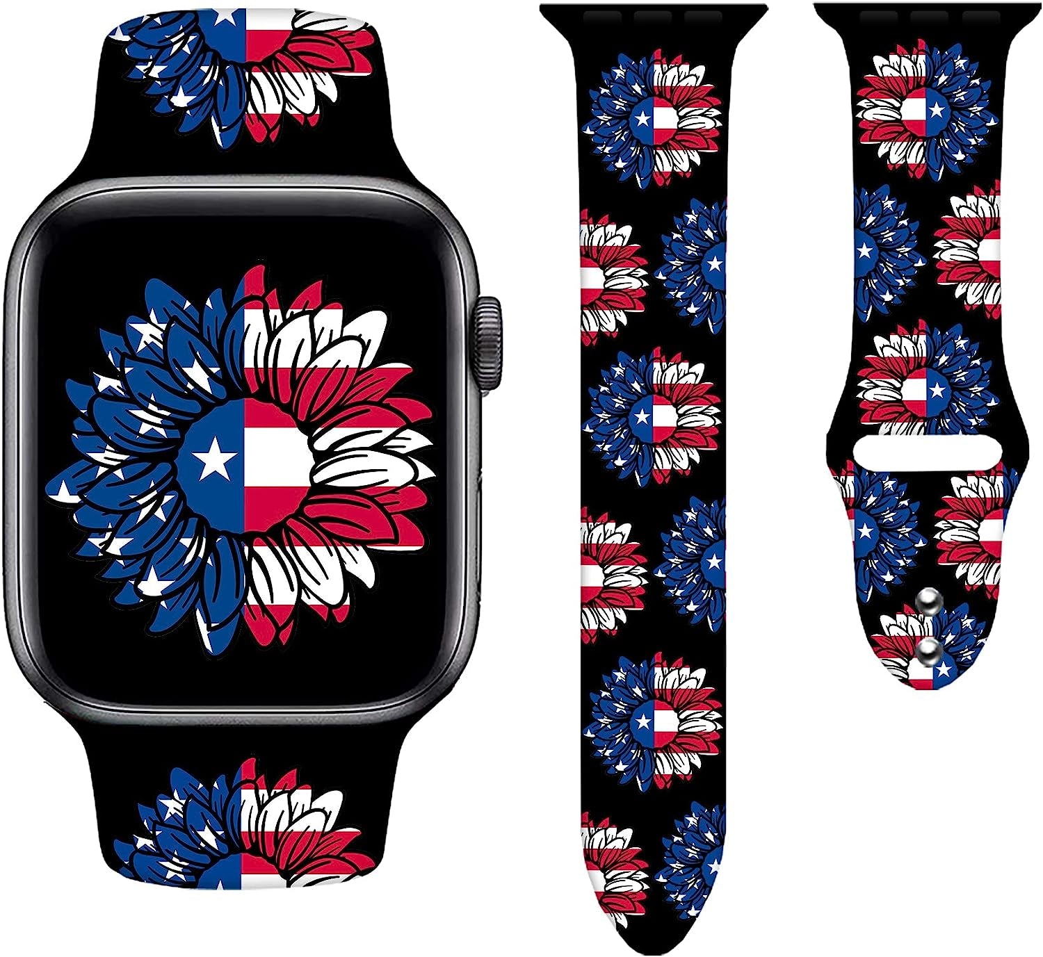 Watch Bands Compatible Apple Watch for Women Men, Adjustable Smart Watch Band Soft Silicone Wristbands Replacment Strap for Watch Series 7 6 5 4 3 2 1  KASDBY Sunflower American Black 0 42mm/44mm/45mm 