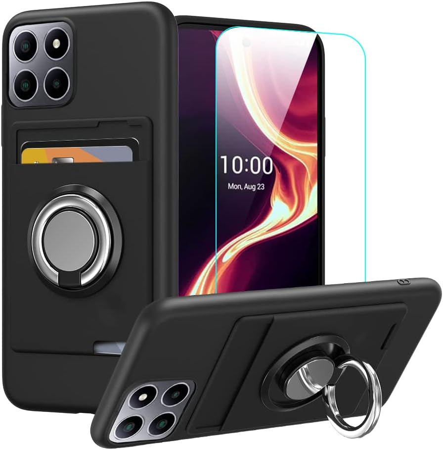 Anneey for Oneplus 11 5G Phone Case with Tempered Glass Screen Protector, Card Holder with Ring Stand Case for 1+ 11 5G Cover - Black  Anneey   