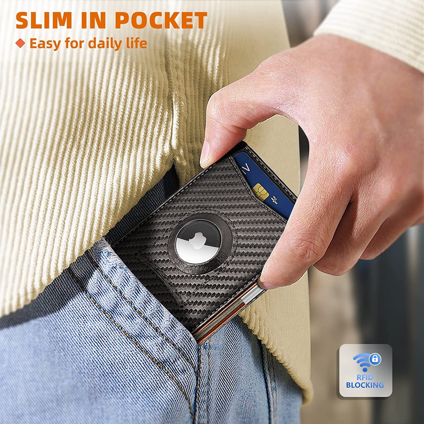 KEMISANT Mens Wallet for Airtag or Standard Use, Slim Front Pocket Wallet 11 Cards RFID Blocking,No Hole  KEMISANT   