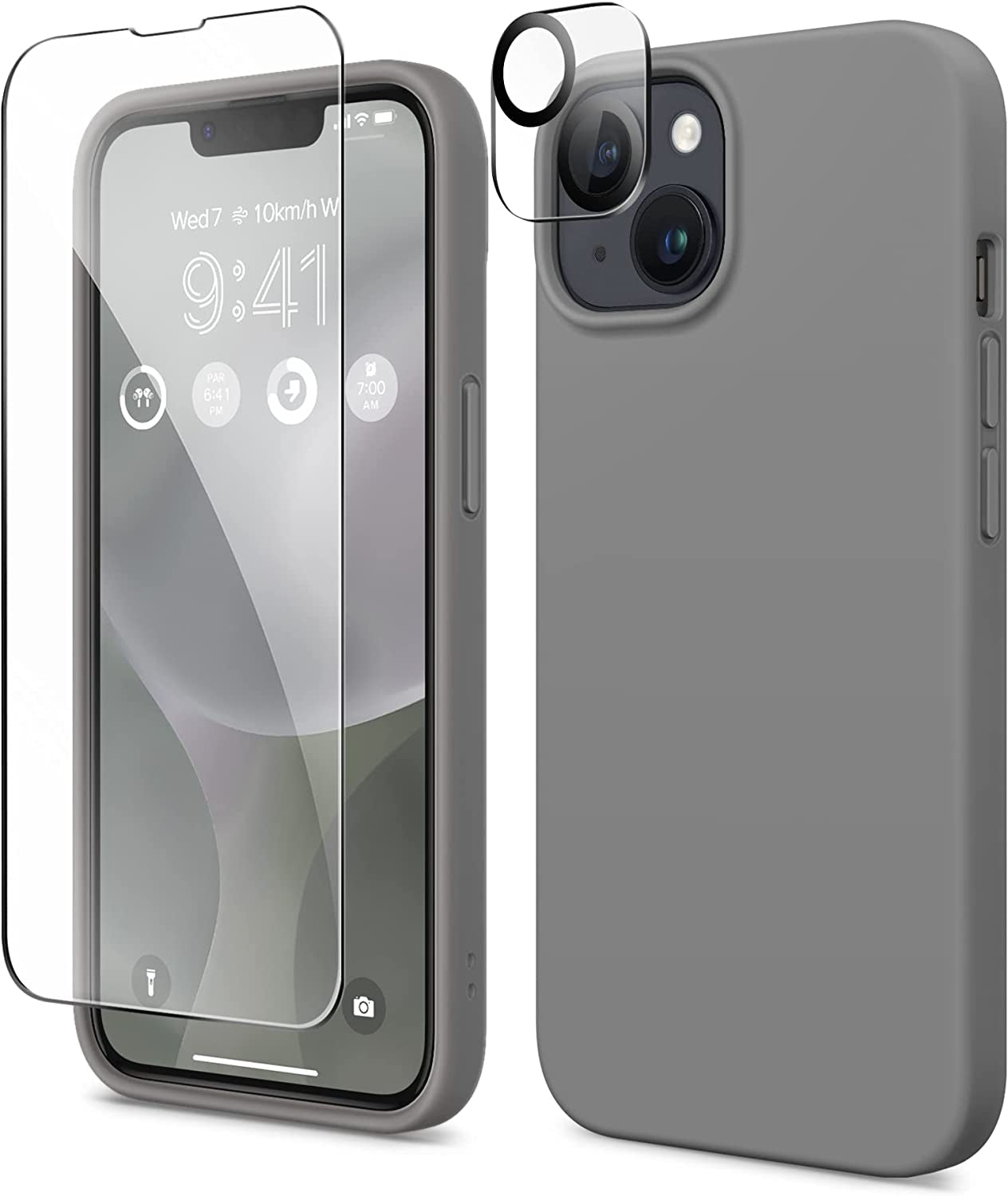 GONEZ for Iphone 14 Case Silicone, with Screen Protector + Camera Lens Protector, [Soft Anti-Scratch Microfiber Lining], Slim Liquid Silicone Shockproof Protective Phone Cover 6.1 Inch, Stone  GONEZ Dark Grey  