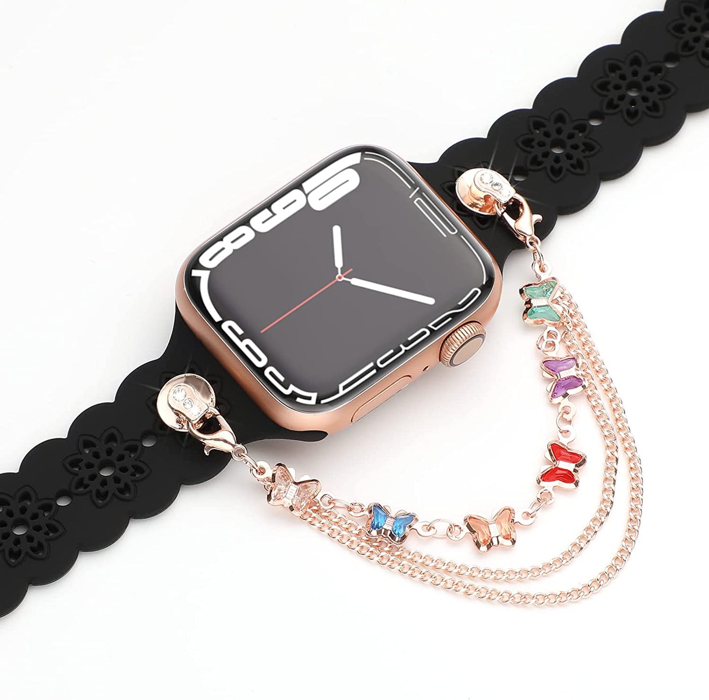 Floral Silicone Band Compatible with Apple Watch Bands 38Mm 40Mm 42Mm 44Mm 41Mm 45Mm 49Mm Women Men, Slim Hollow-Out Design Wristbands Soft Sport Breathable Watch Bands for Iwatch Ultra SE Series 8/7/6/5/4/3/2/1  Wewatri Black with Colorful Butterfly 38mm/40mm/41mm 