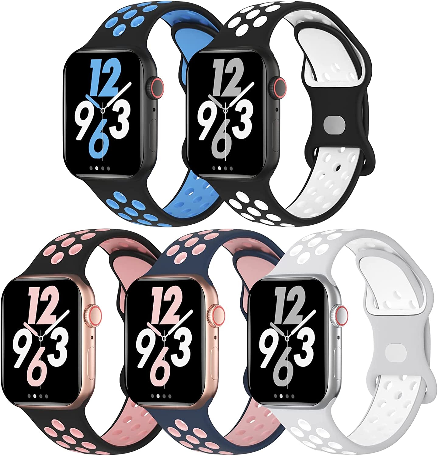Biudien 5 Pack Sport Bands Compatible with Apple Watch Band 49Mm 45Mm 44Mm 42Mm 41Mm 40Mm 38Mm, Soft Silicone Strap Replacement Breathable Wristband for Iwatch Ultra Series 8 SE 7 6 5 4 3 2 1  Biudien Black Blue/Black White/Black Pink/Blue Pink/Gray White 38/40/41mm 