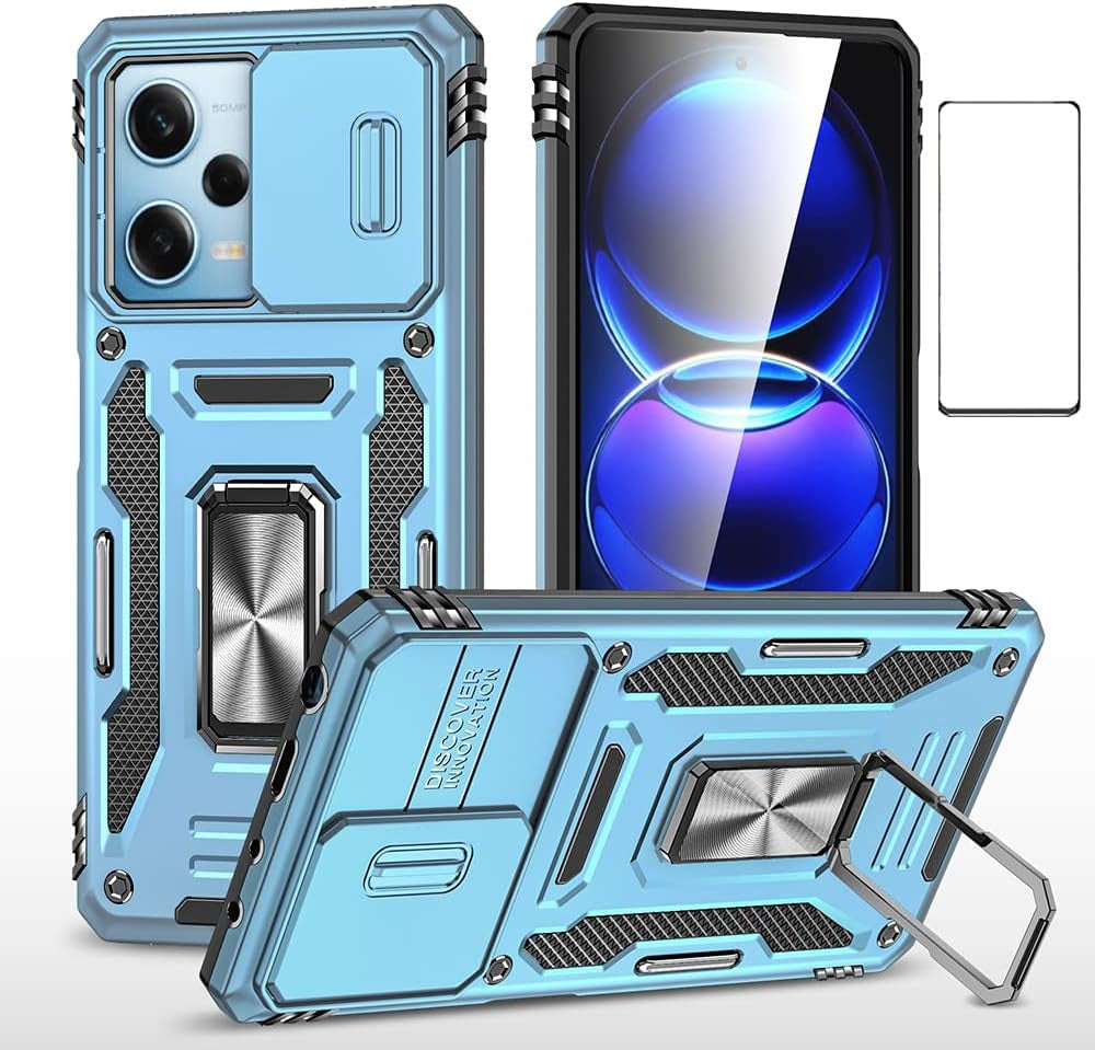 WVOZWWO for Xiaomi Redmi Note 12 Pro 5G/Poco X5 Pro 5G Case with Screen Protector, Protective Cover with Camera Protector Thin Kickstand Military Phone Case for Xiaomi Redmi Note 12 Pro 5G (Black)  Grand Eletronics Blue  