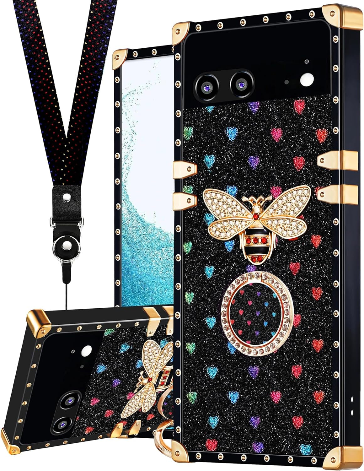 Loheckle for Pixel 6 Case for Women, Designer Square Cases for Google Pixel 6 with Ring Stand Holder and Lanyard, Stylish Bees Luxury Cover for Pixel 6 Case 6.4 Inch  Loheckle   