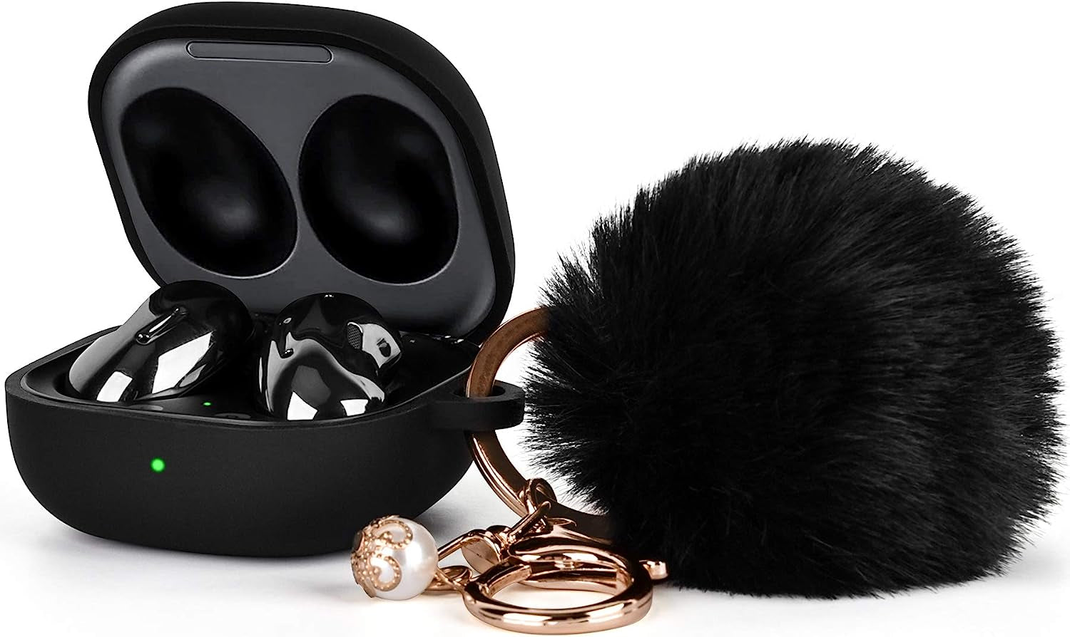 Filoto Case for Samsung Galaxy Buds 2 / Buds Live/Buds Pro/Buds 2 Pro, Cute Silicone Earbuds Protective Case Cover with Pompom Keychain Accessories for Women Girls (Cactus Green  Kerle Black  