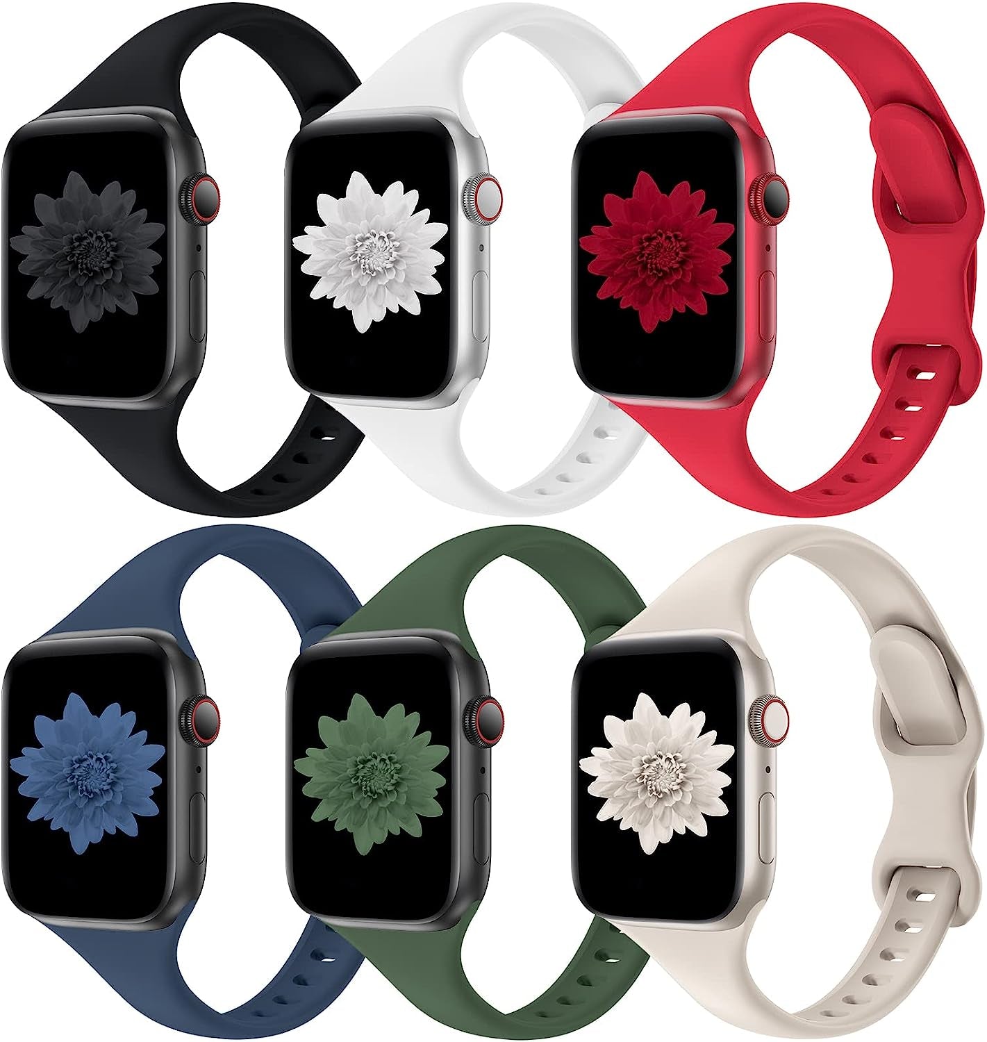 Distore 6 Pack Bands Compatible with Apple Watch 38Mm 40Mm 41Mm 42Mm 44Mm 45Mm 49Mm, Slim Thin Narrow Replacement Soft Silicone Sport Strap for Iwatch Series Ultra 8/7/6/5/4/3/2/1 SE Women Men  Distore Black/White/Red/Abyss Blue/Clover/Starlight 38/40/41mm 
