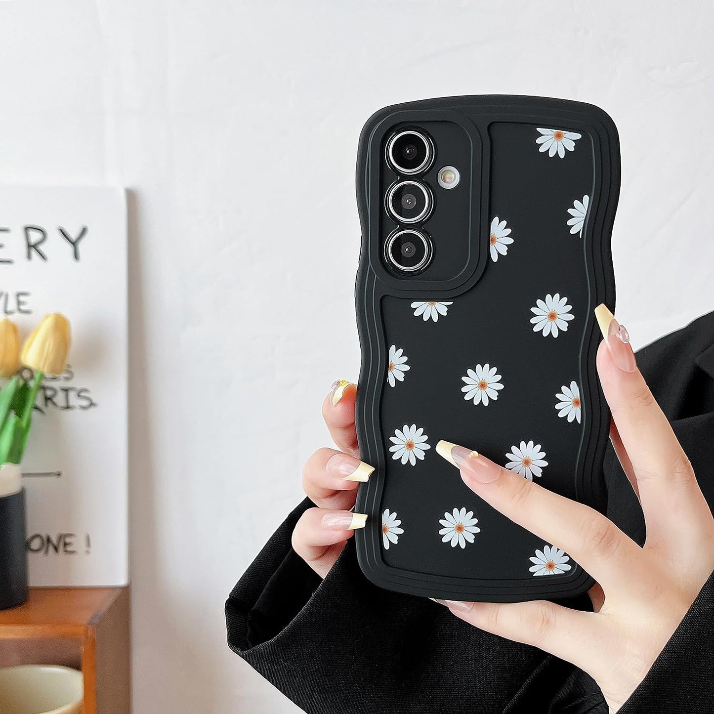 ZTOFERA Compatible with Samsung Galaxy A54 5G Case,Unique Curly Wave Frame with Daisy Pattern,Soft Liquid Silicone Anti-Fingerprint Shockproof Full Coverage&Lens Protective Case Samsung A54-Black  ZTOFERA   