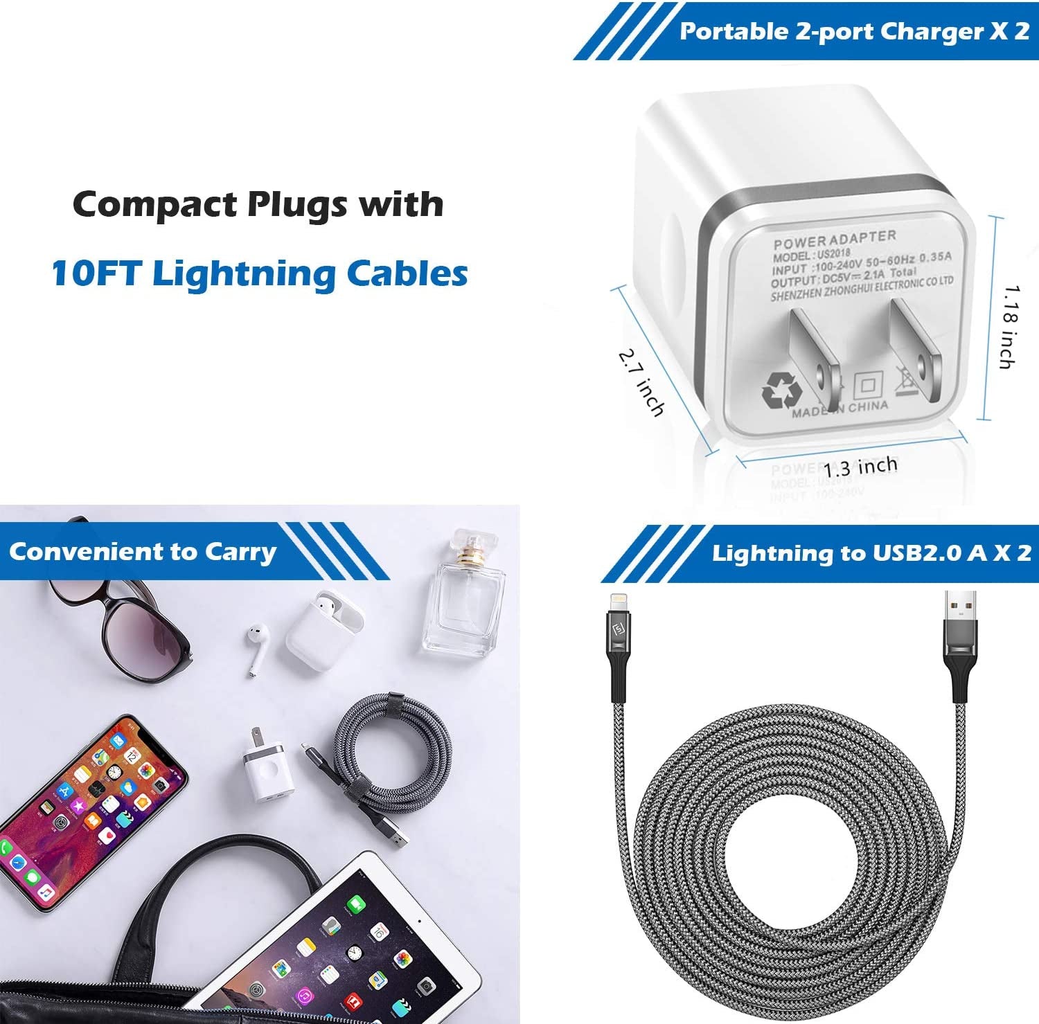 WHIRELEAST Iphone Charger Cable 10 FT with Wall Plug, Braided Long Iphone Charging Cord + Dual USB Wall Charger Block Adapter Compatible with Iphone 12/11/11 Pro Max/Xs/Xr/X/8/7/6 Plus, Ipad (4-Pack)  WHIRELEAST   