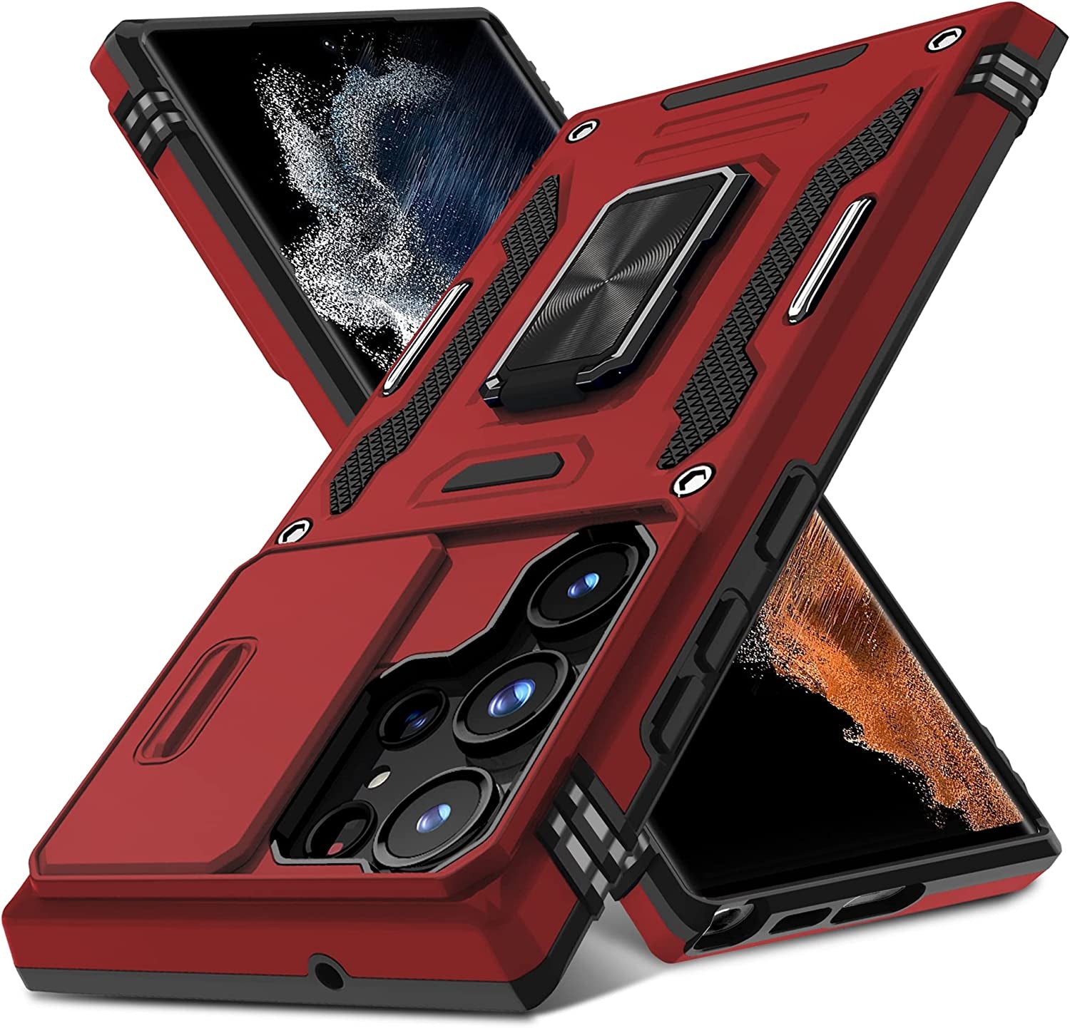 DEERLAMN for Samsung Galaxy S22 Ultra Case with Slide Camera Cover,Built-In Rotated Ring Kickstand [Full Camera Protection] [Military Grade] Heavy Duty Shockproof Protective Case Cover-Black  DEERLAMN Red Samsung Galaxy S22 Ultra-6.8 Inch 