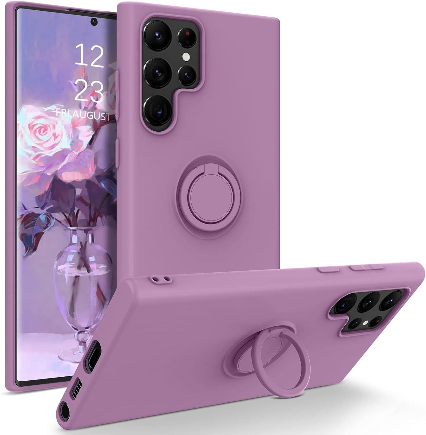 DUEDUE for Samsung Galaxy S22 Ultra 5G Case, Liquid Silicone Slim Soft Gel Rubber Cover with Ring Kickstand Car Mount Function Shockproof Protective Phone Case for Samsung S22 Ultra 6.8", Orange  DUEDUE 101-Purple  