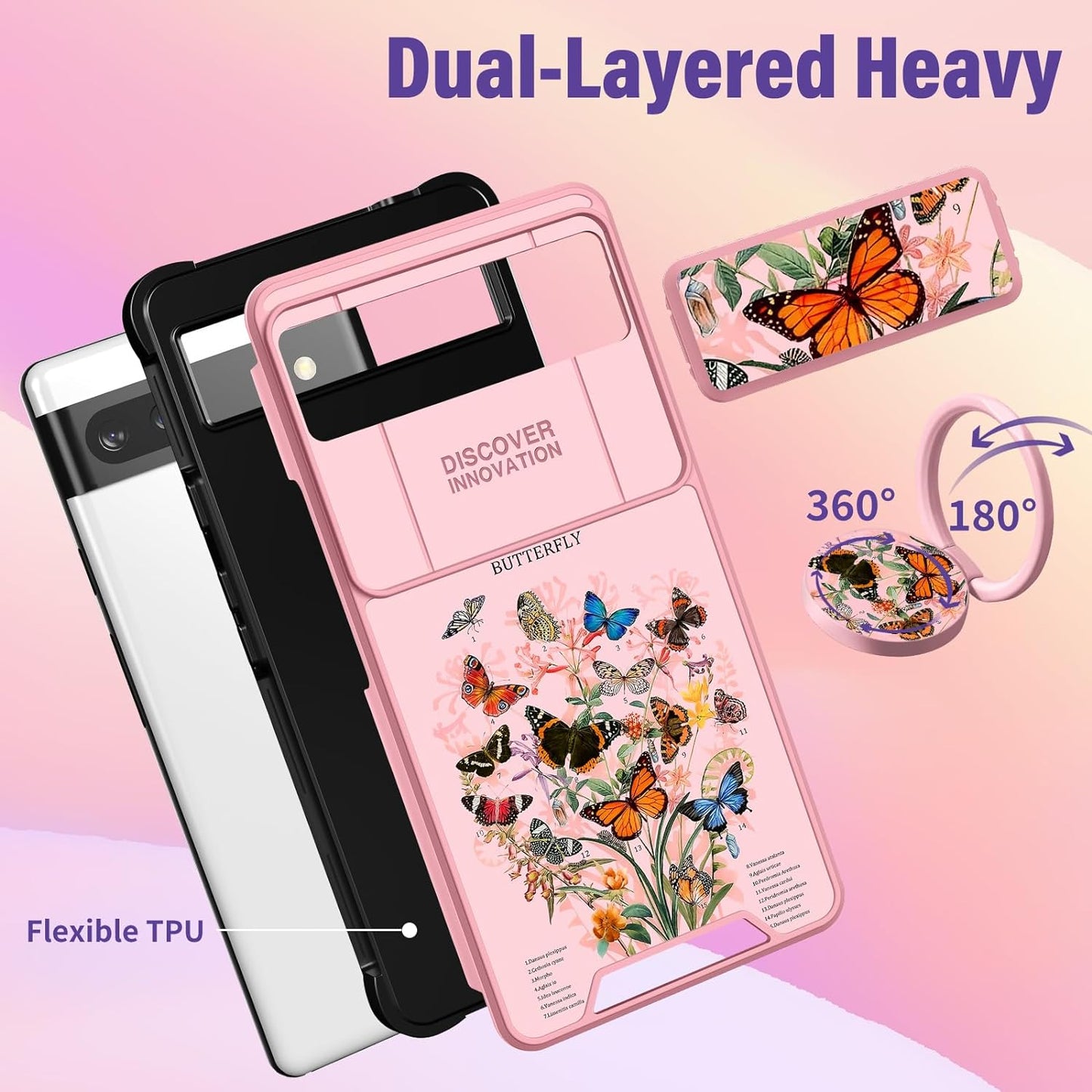 Funermei (2In1 for Google Pixel 6A Case for Women Cute Butterfly Girls Cover Girly Kawaii Aesthetic Butterfly Unique Design with Camera Cover and Ring Stand Funda for Google Pixel 6A Phone Case  Funermei   