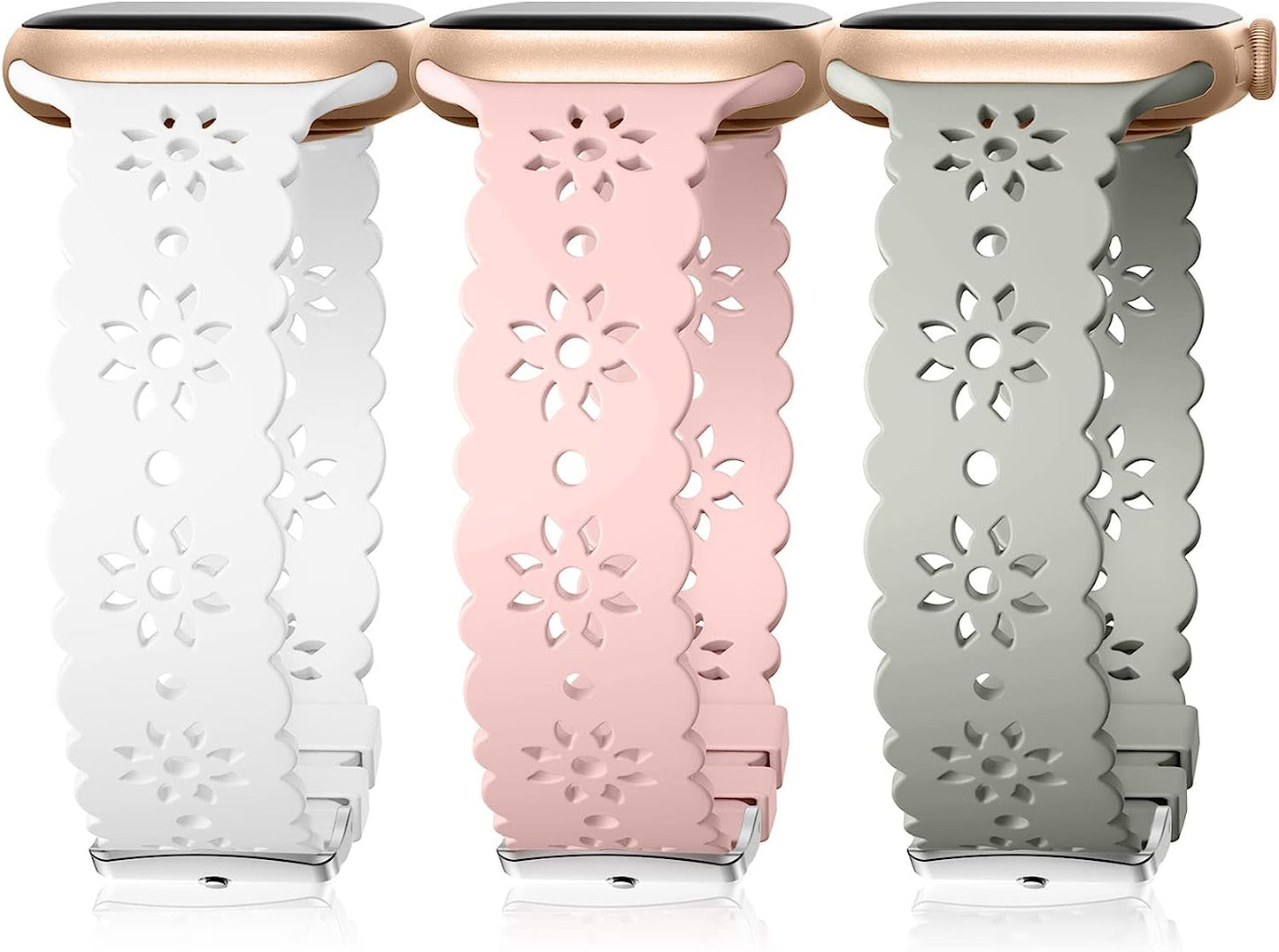 IMIVIO Hollow-Out Lace Slim Bands Compatible with Apple Watch 38Mm 40Mm 41Mm 42Mm 44Mm 45Mm 49Mm for Women Men, Hollow-Out Soft Replacement Strap for Iwatch Ultra Series 8 7 6 5 4 3 2 1 SE, 3 Pack  IMIVIO White/Sand Pink/Slate Gray 38mm/40mm/41mm 