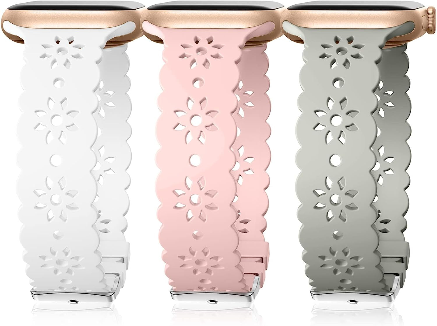 IMIVIO Hollow-Out Lace Slim Bands Compatible with Apple Watch 38Mm 40Mm 41Mm 42Mm 44Mm 45Mm 49Mm for Women Men, Hollow-Out Soft Replacement Strap for Iwatch Ultra Series 8 7 6 5 4 3 2 1 SE, 3 Pack  IMIVIO White/Sand Pink/Slate Gray 38mm/40mm/41mm 
