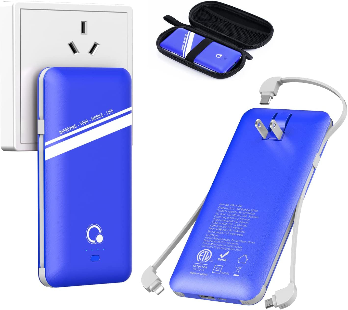 10000Mah Q Portable Charger, Ultra Slim USB C Power Bank, 4 Output Dual Input External Battery Pack with Built-In AC Wall Plug,Built in Micro and USB C Three Cables Compatible with All Mobilephone  Shen Zhen South Fortune Technology Co.,Ltd blue  