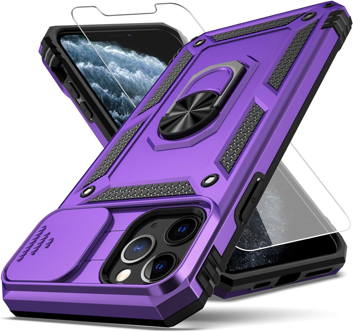YZOK for Iphone 11 Pro Max Case with Slide Camera Cover+ HD Screen Protector,Rotated Ring Kickstand Military Grade Shockproof Protective Cover-Red  YZOK Purple  