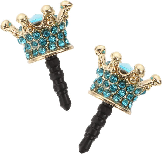 Hemobllo 2Pcs Earphone Jack Plug Crown Earphone Jack Stopper Rhinestone Dust Caps DIY Phone Accessories for 3. 5MM Headphone (Sky Blue)  Hemobllo   