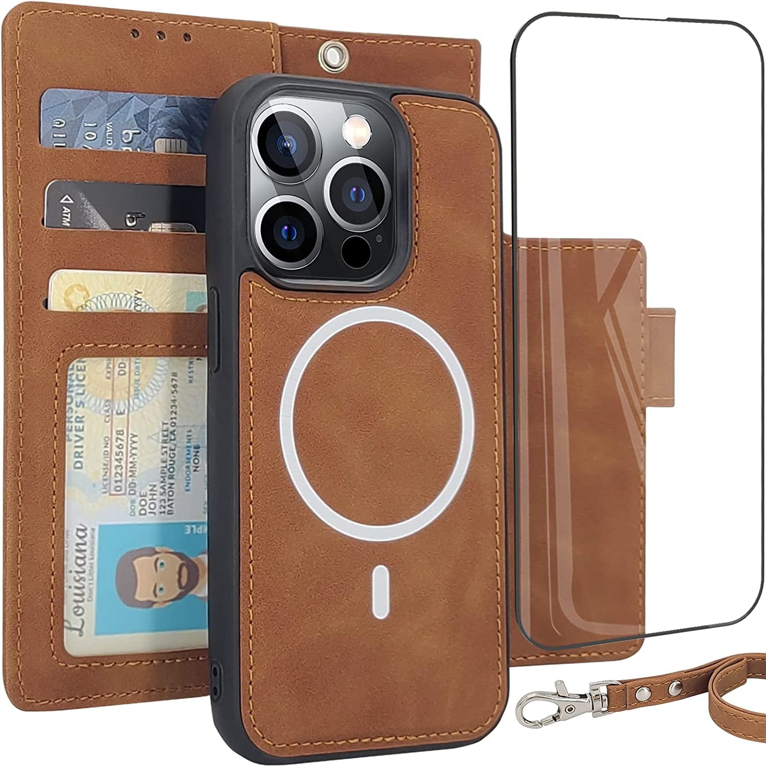 CAVOKAS Case Wallet for Iphone 14 Pro Wallet Case, 6.1 Inch Magnetic Detachable Leather Flip Case with Card Holders, Compatible with Magsafe Wireless Charging Kickstand Phone Cover RFID Block, Blue  CAVOKAS Brown iPhone 14 Pro 