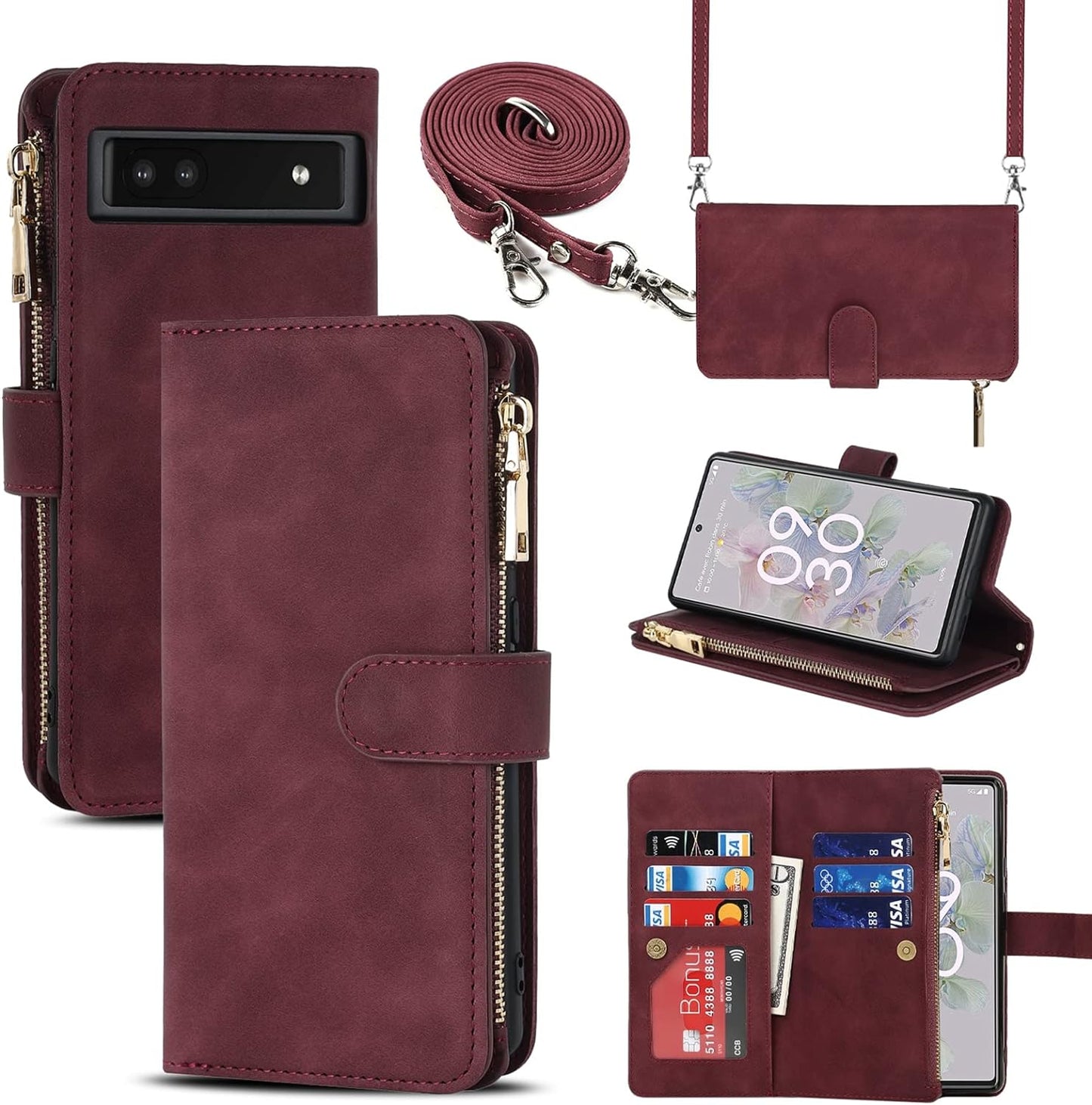 Jaorty Google Pixel 6A Case for Women with Card Holder 6.1" 5G 2022,Google Pixel 6A Phone Case with Strap,Crossbody Lanyard Cases with Credit Card Slots with Stand,Burgundy  Jaorty Burgundy  