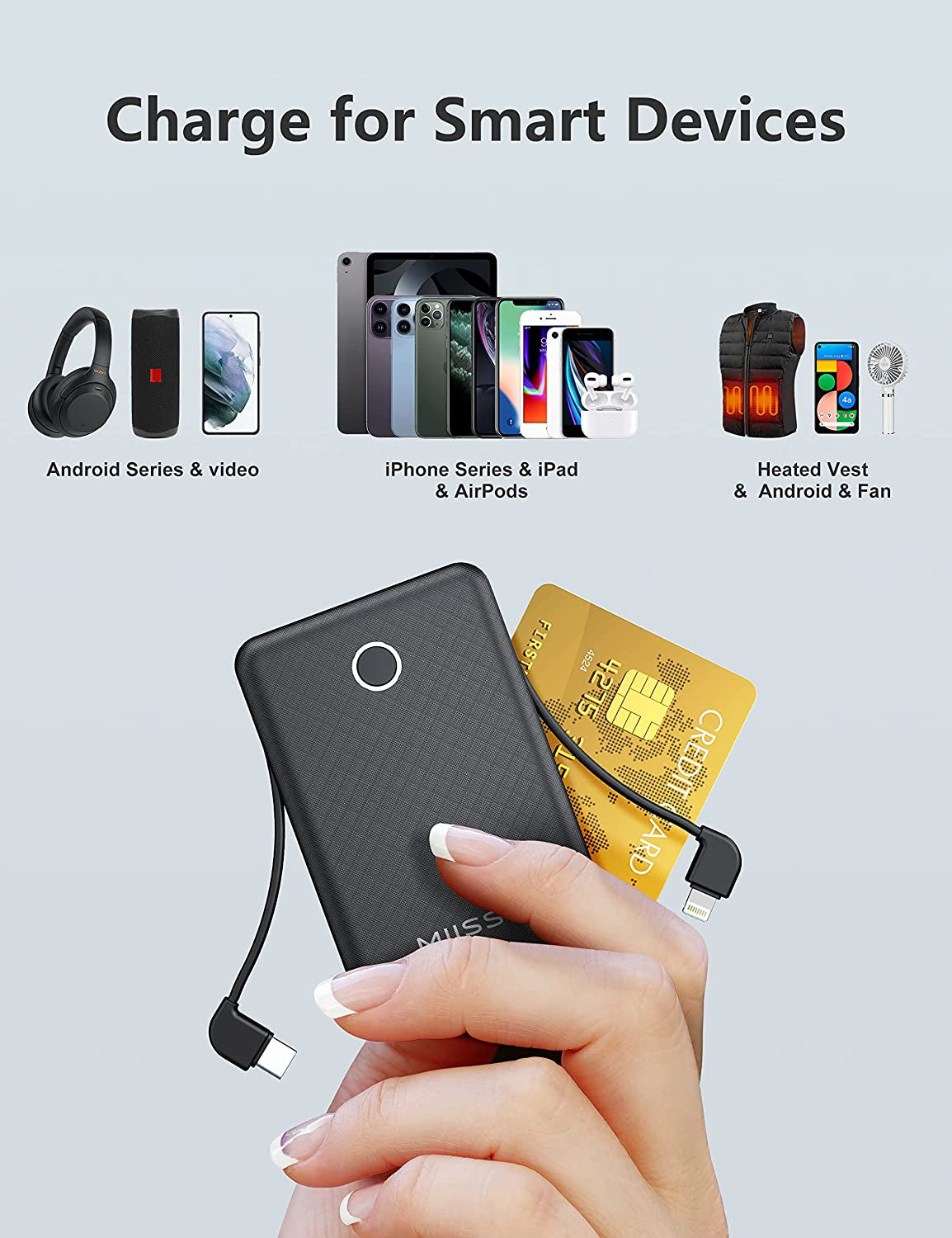 6000Mah Ultra Slim Built in Cables Power Bank, Card Size Built in USB C Cords Battery Pack Portable Charger for Phones, 3 Output External Battery Pack Compatible with Iphone, Samsung and Heated Vest  SHENZHEN APPLESSUN ELECTRONIC CO.LTD   