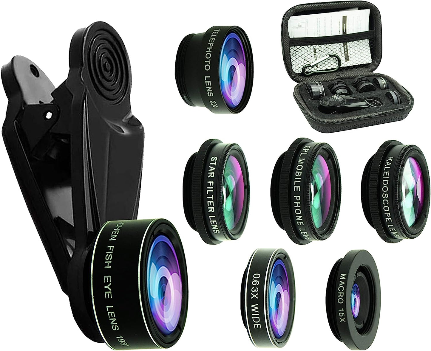 8 in 1 Phone Camera Lens Kit, 0.63Wide Angle Lens+15X Macro+198°Fisheye+2X Telephoto+Kaleidoscope+Cpl/Starlight/Universal Clip, Zoom Compatible with Iphone Samsung Smartphones (Black)  Bsy Digital   