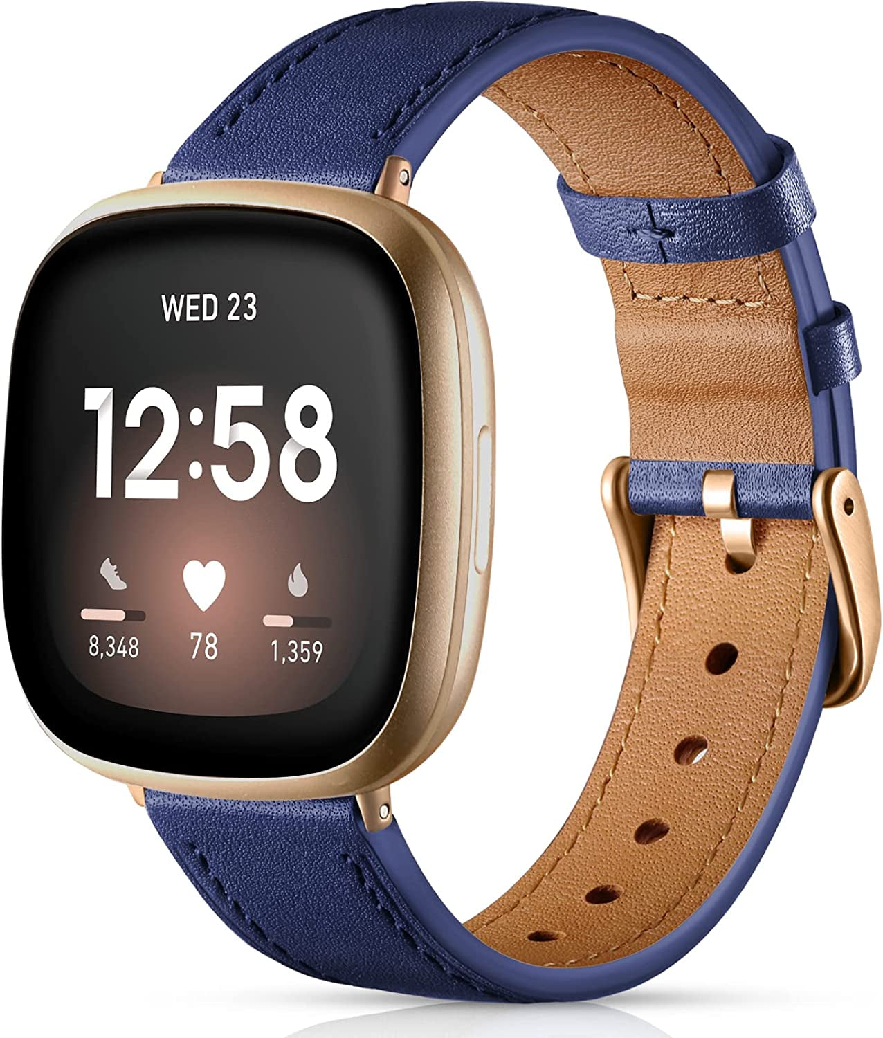 Maledan Compatible with Fitbit Sense/Fitbit Versa 3 Bands for Women Men, Soft Genuine Leather Band Slim Strap Replacement Accessory Wristband for Fitbit Versa 3/Versa 4/Sense 2/Sense Smartwatch, Pink  Maledan DarkBlue  