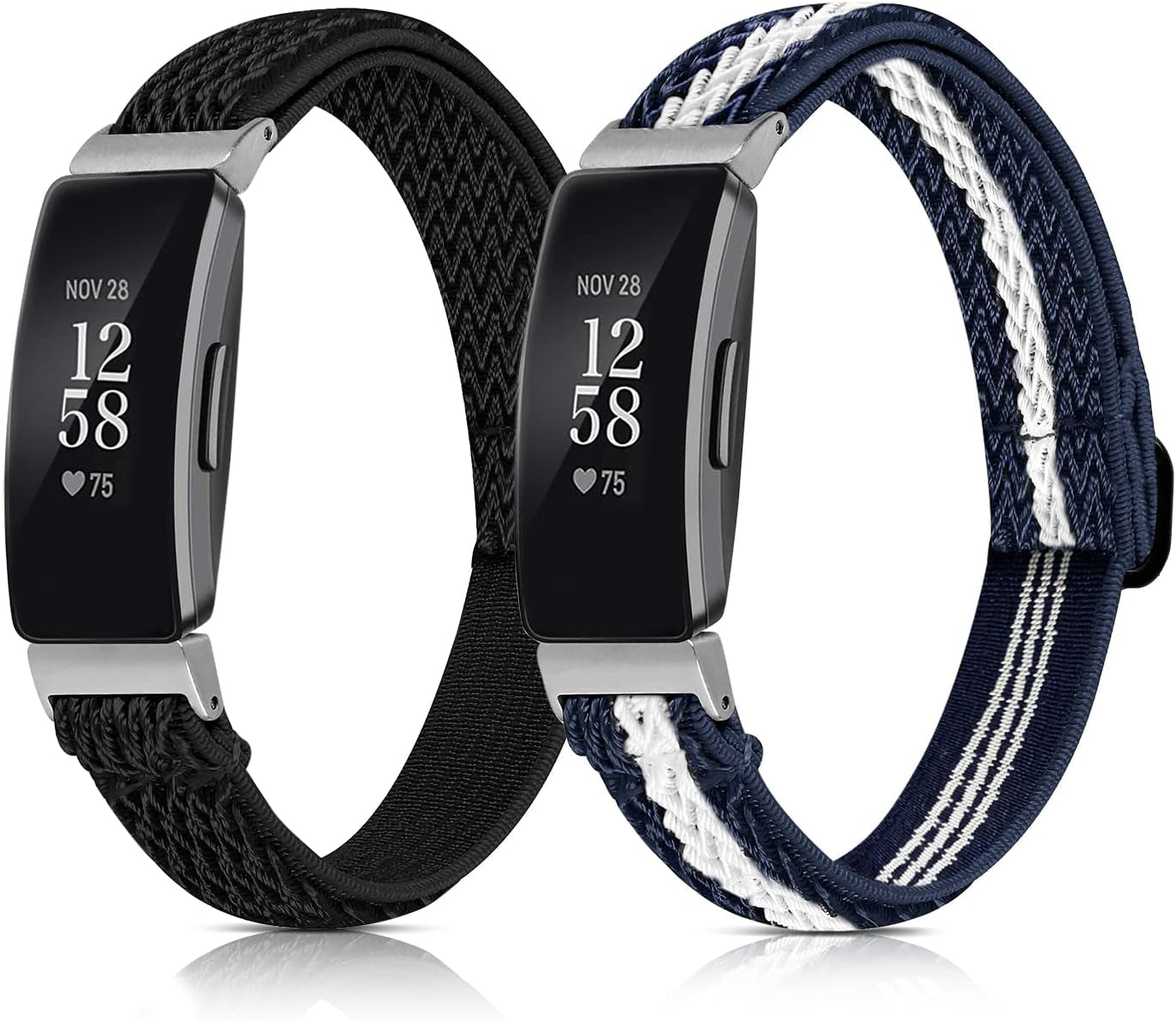 5 Pack Elastic Bands Compatible with Fitbit Inspire 2 / Inspire HR / Inspire / Ace 3 / Ace 2, Soft Loop Nylon Fabric Breathable Stretchy Replacement Straps Accessory Wristband for Women Men  POHNUI Black Ripple + Blue White  