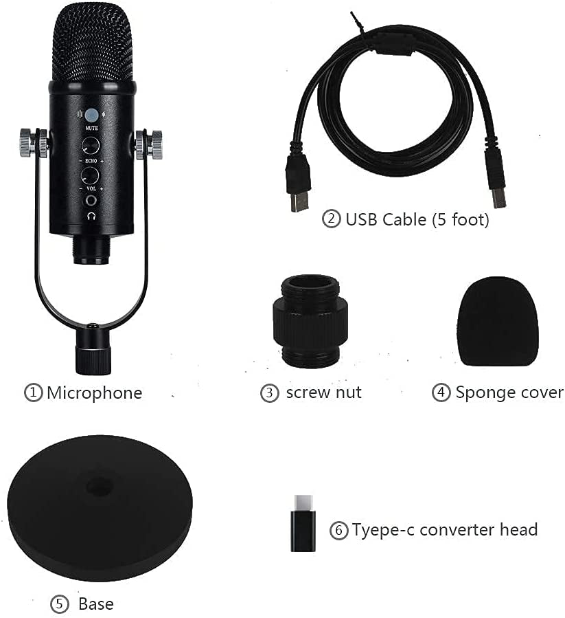USB Microphone, Condenser Computer Microphone for Streaming, Gaming, Youtube Recording, Plug and Play,Headphone Output and Volume Control,Quick Mute Button,Compatible with Laptop, Phone (Black)  wolfun   