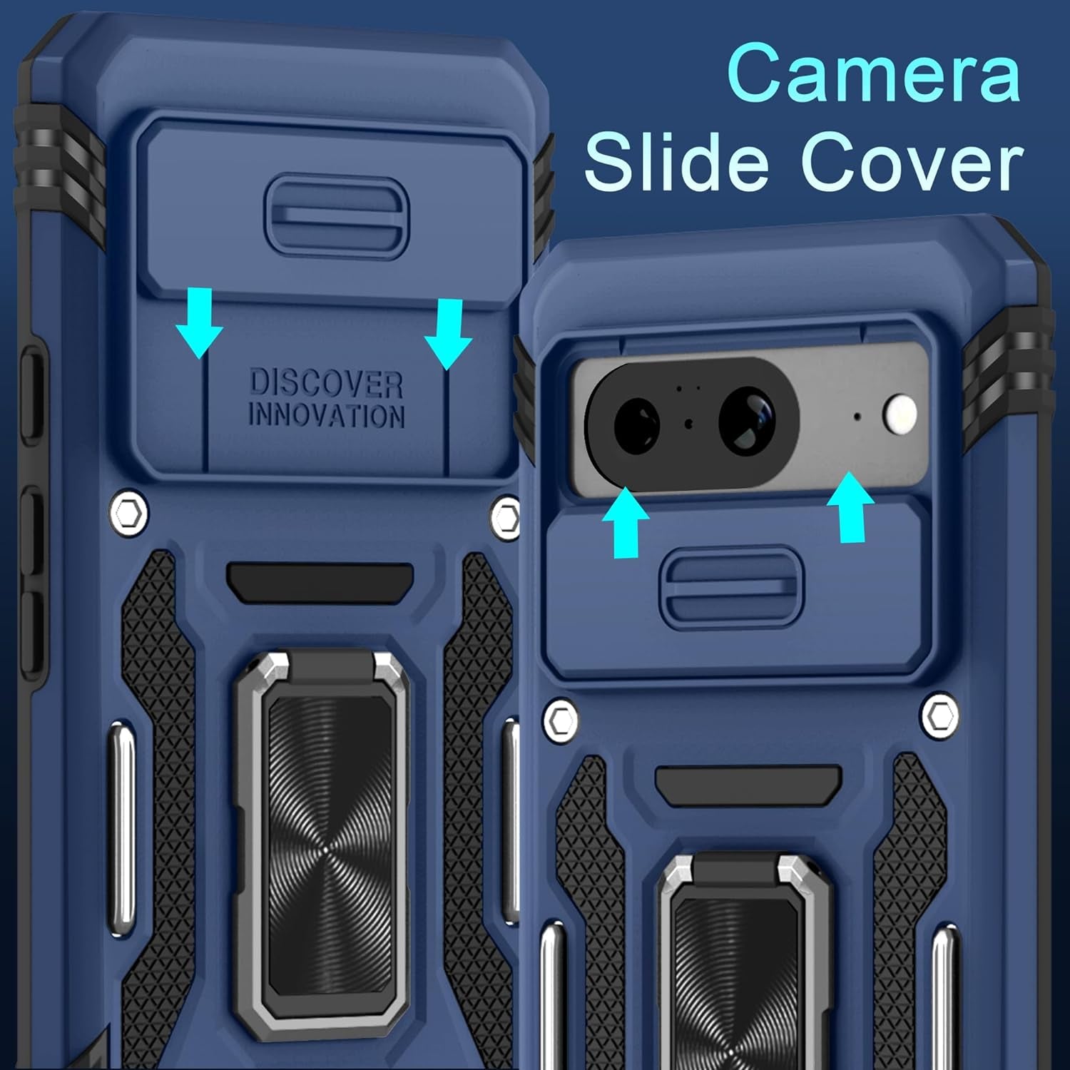 DEERLAMN for Google Pixel 8 Case with Slide Camera Cover+Screen Protector (1 Pack), Rotated Ring Kickstand Military Grade Shockproof Heavy Duty Protective Cover -Navy Blue  DEERLAMN   