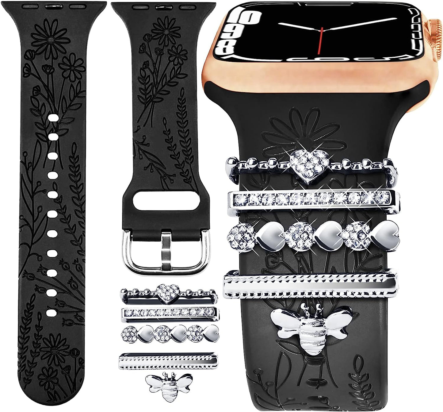 Watch Band Charms (Band Included), Compatible with Apple Watch Band 38Mm 40Mm 41Mm, ORATYFAN Floral Engraved Silicone Bands & Metal Decorative Ring Loops Accessories for Iwatch Series Se 8 7 6 5 4 3 2 1  ORATYFAN Silver bee 38mm/40mm/41mm 
