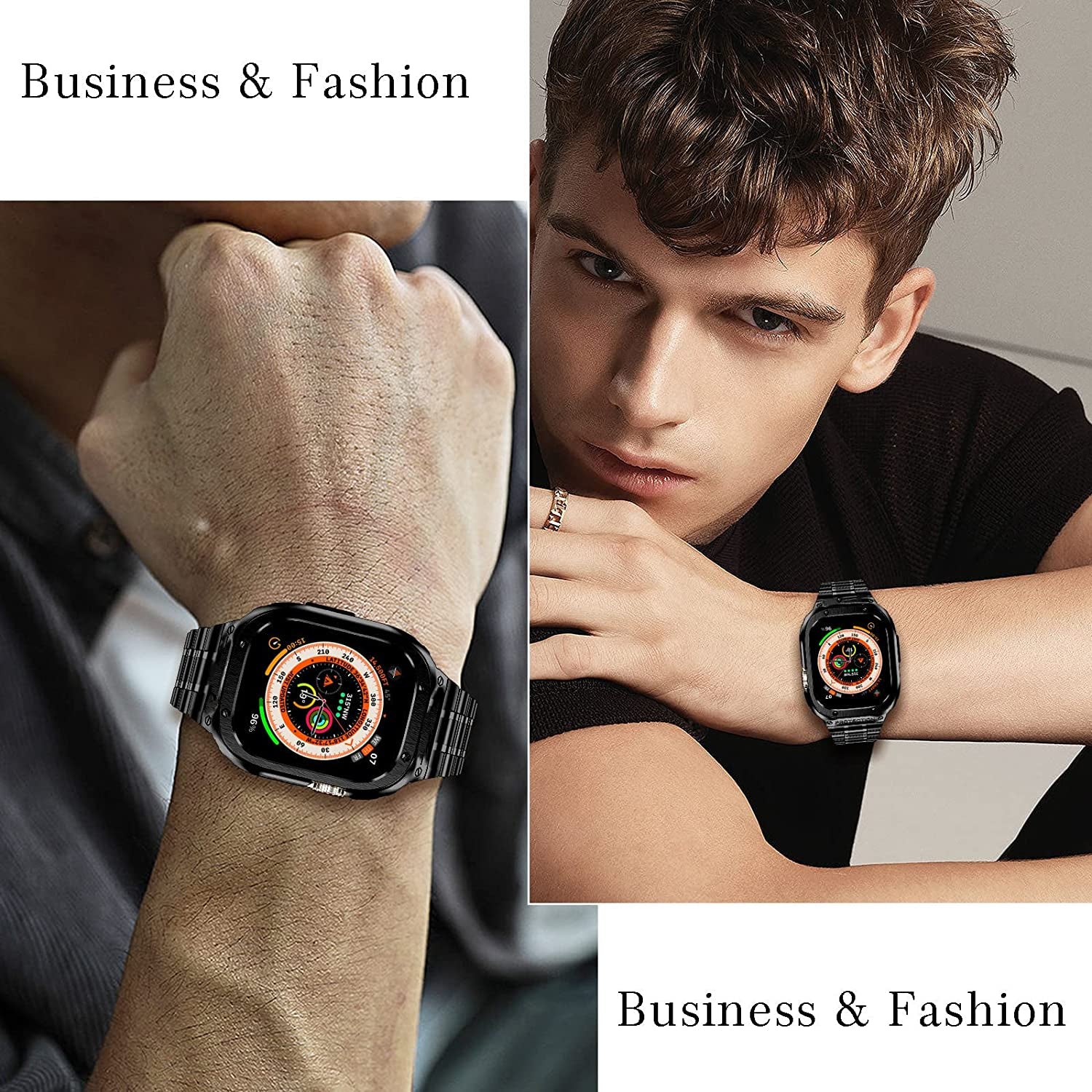 Amznew Apple Watch Band with Case Compatible for Iwatch Series Ultra(49Mm) 8/7(45Mm/41Mm) 6/5/4/Se(44Mm/40Mm) 3/2/1(42Mm/38Mm), Stainless Steel Iwatch Bands and Metal Bumper Cover for Men  Amznew   