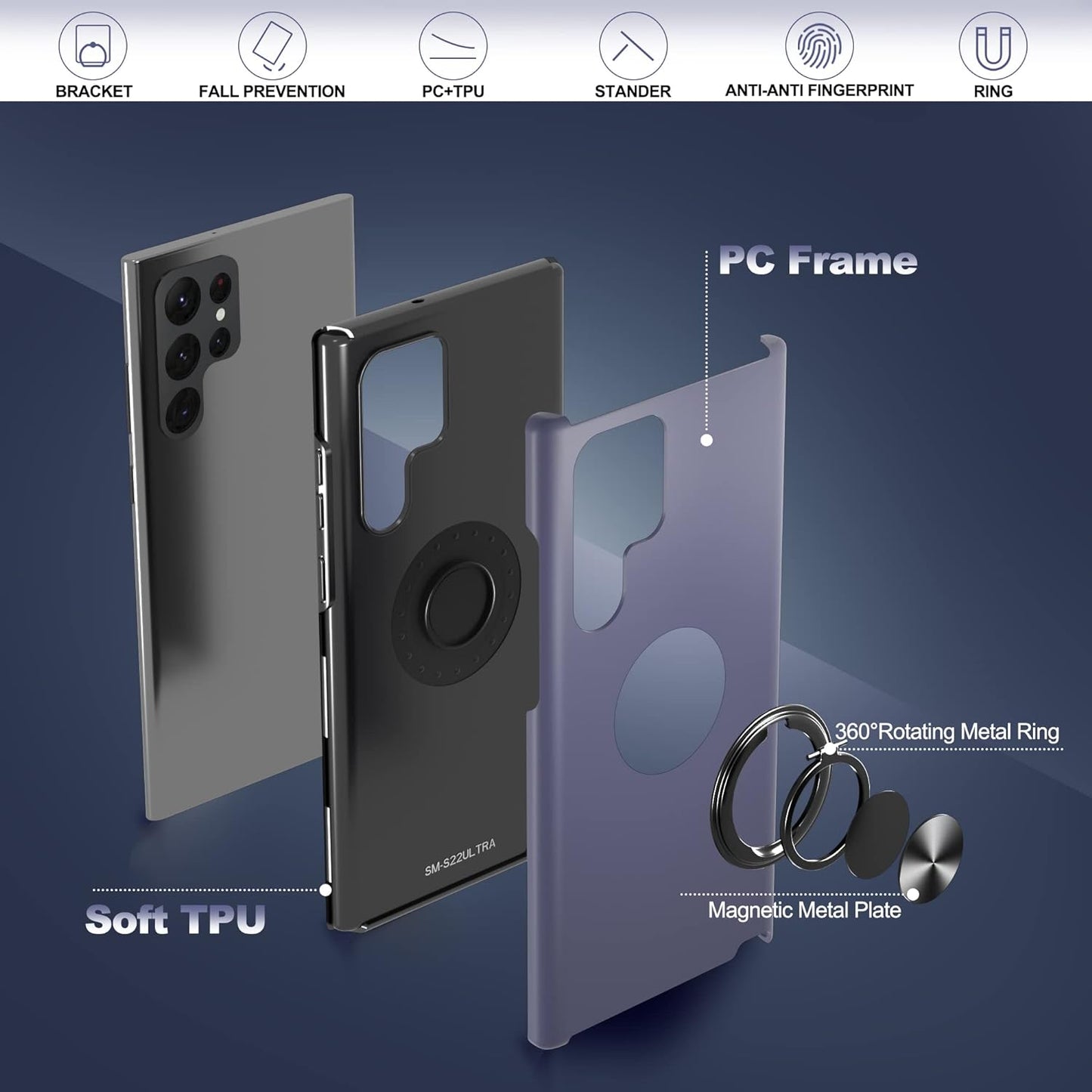 Gritup Samsung Galaxy S22 Ultra Case, Galaxy S22 Ultra Case with HD Screen Protector, [Military Grade] Shockproof Protection Case with 360° Magnetic Ring Holder Kickstand for Samsung S22 Ultra, Blue  Gritup   