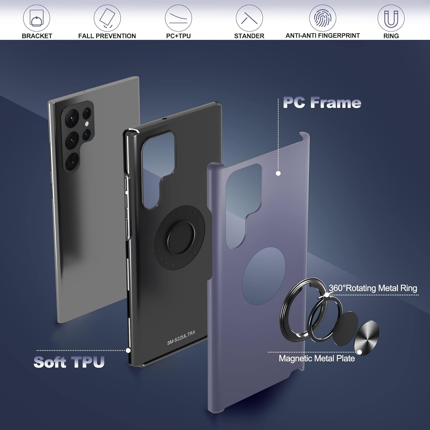 Gritup Samsung Galaxy S22 Ultra Case, Galaxy S22 Ultra Case with HD Screen Protector, [Military Grade] Shockproof Protection Case with 360° Magnetic Ring Holder Kickstand for Samsung S22 Ultra, Blue  Gritup   