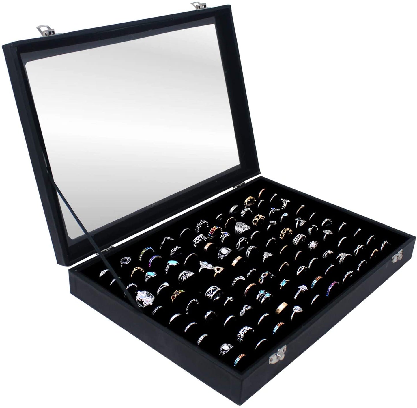 Ring Organizer Box with Transparent Lid ~ Ring Holder Showcase for Store Display, Jewelry Show & Home ~ Jewelry Tray Organizer for Rings, Studs & Earrings (Black)  Hivory   