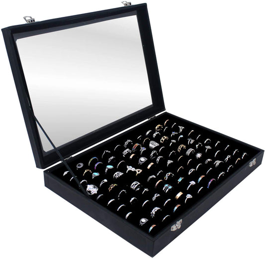 Ring Organizer Box with Transparent Lid ~ Ring Holder Showcase for Store Display, Jewelry Show & Home ~ Jewelry Tray Organizer for Rings, Studs & Earrings (Black)  Hivory   
