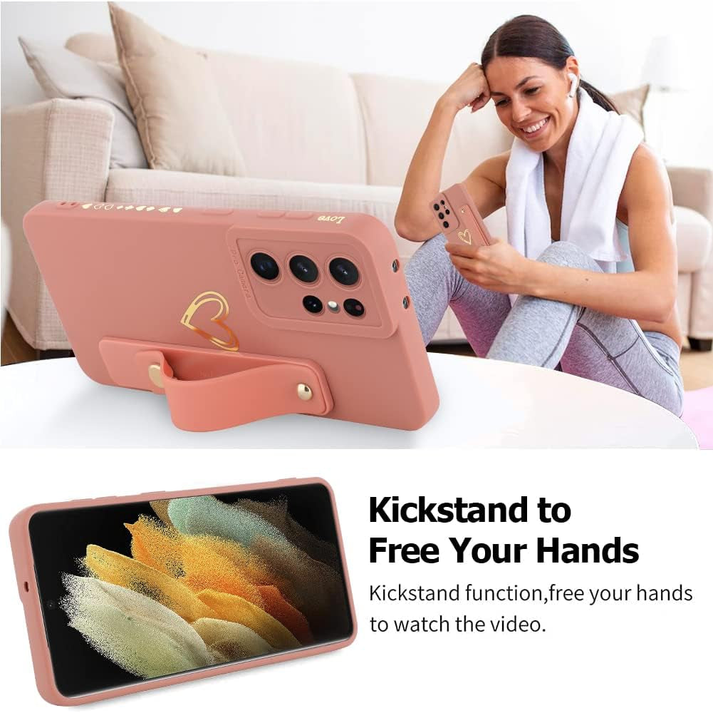 Fiyart Designed for Samsung Galaxy S21 Ultra Case with Phone Stand Holder Cute Love Hearts Protective Camera Protection Cover with Wrist Strap for Women Girls for Galaxy S21 Ultra 6.8"-Pink  Fiyart   