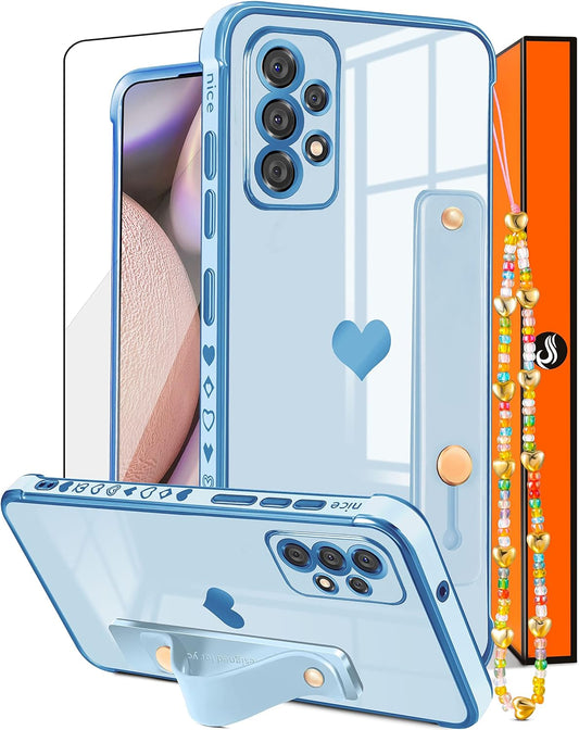 Likiyami (3In1 for Samsung Galaxy A53 5G Case Heart Women Girls Cute Girly Aesthetic Trendy Luxury Pretty with Loop Phone Cases Blue and Gold Plating Love Hearts Cover+Screen+Chain for A53 5G -6.5''  Likiyami   