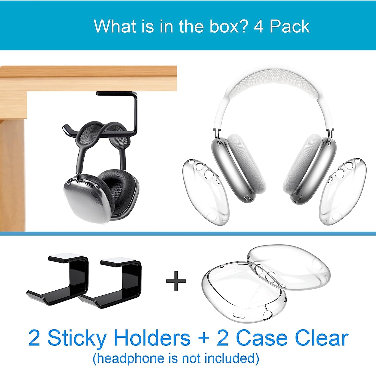 ULITIQ Compatible with Airpods Max Case Cover with Holder under Desk, Soft Case Transparent. Ultra Headphone Protective Cover for Air Pod Max Accessories, Clear (2 Cases+2 Holder)  ULITIQ   