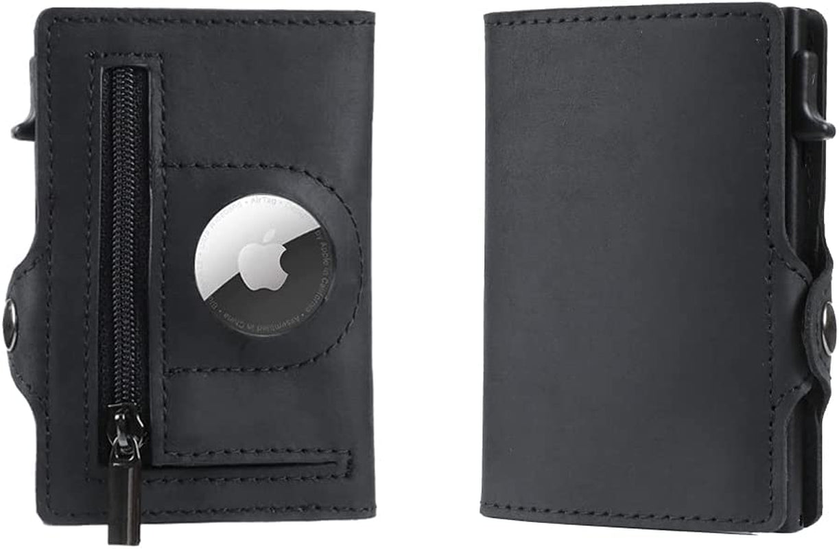 Airtag Wallet Genuine Premium Leather Credit Card Money Holder Airtag Cover Air Tag Case Automatic Pop up Wallet Aluminum Slim Pocket Bifold (Carbon Fiber)  Generic Black  