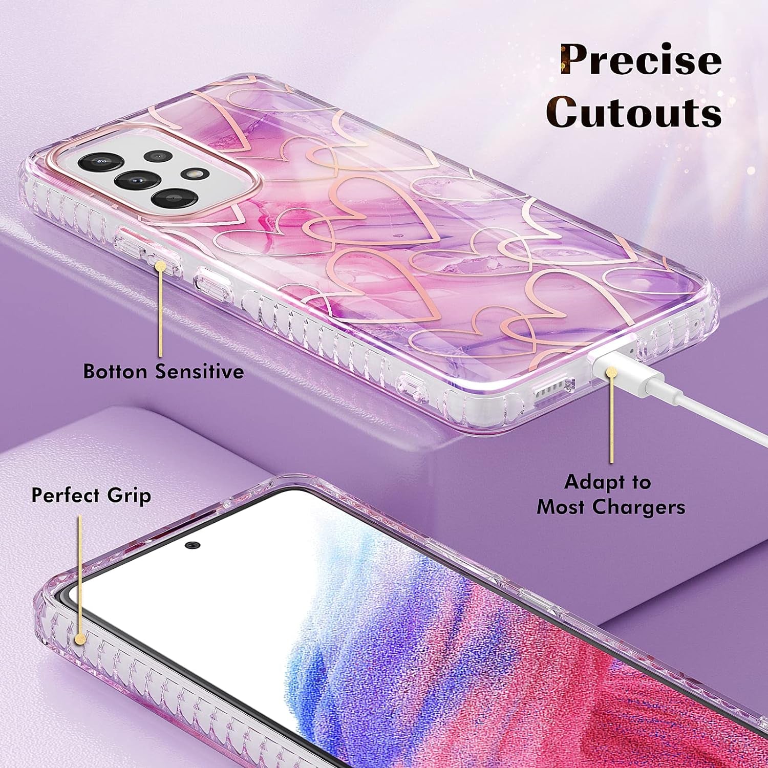 URZQOQ Samsung Galaxy A53 5G Case,Slim Stylish Protective Case Built-In Screen Protector,Shockproof Phone Case Cover for Samsung Galaxy A53 5G(2022 Release),6.5In-Heart&Pink  URZQOQ   